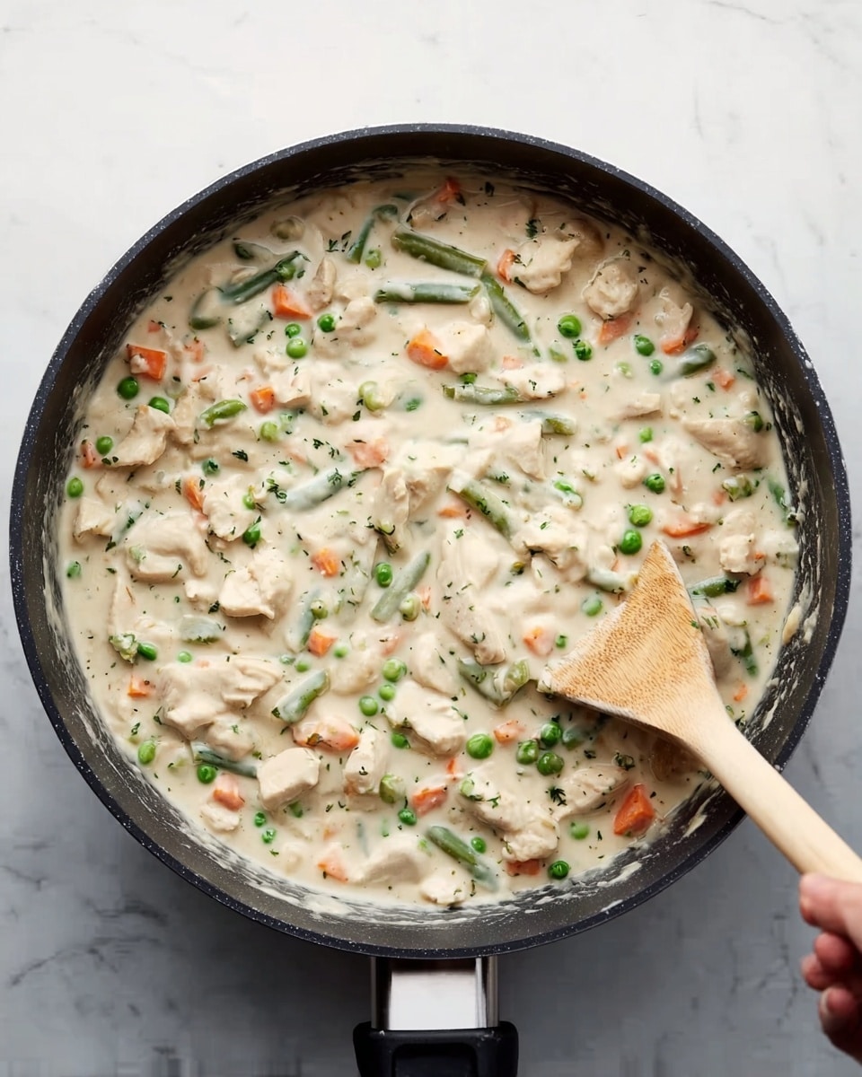 A black pan filled with creamy white sauce mixed with small pieces of light beige chicken, bright green peas, green beans, and soft orange carrot bits evenly spread throughout. A woman’s hand holds a light wooden spoon stirring the mixture from the right side, partially submerged in the thick sauce. The pan is placed on a white marbled surface. Photo taken with an iphone --ar 4:5 --v 7