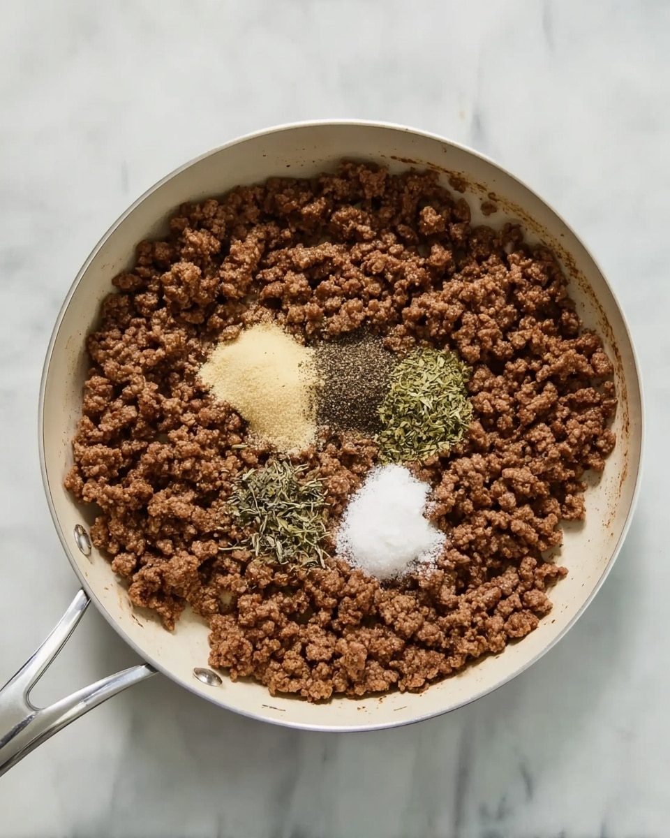 A white metal pan filled with cooked, browned ground meat spread evenly across the bottom. In the center of the meat, there are small piles of light yellow powder, white salt, green dried herbs, and ground black pepper, arranged close together. The pan handle extends to the upper left corner. The pan sits on a white marbled surface. photo taken with an iphone --ar 4:5 --v 7