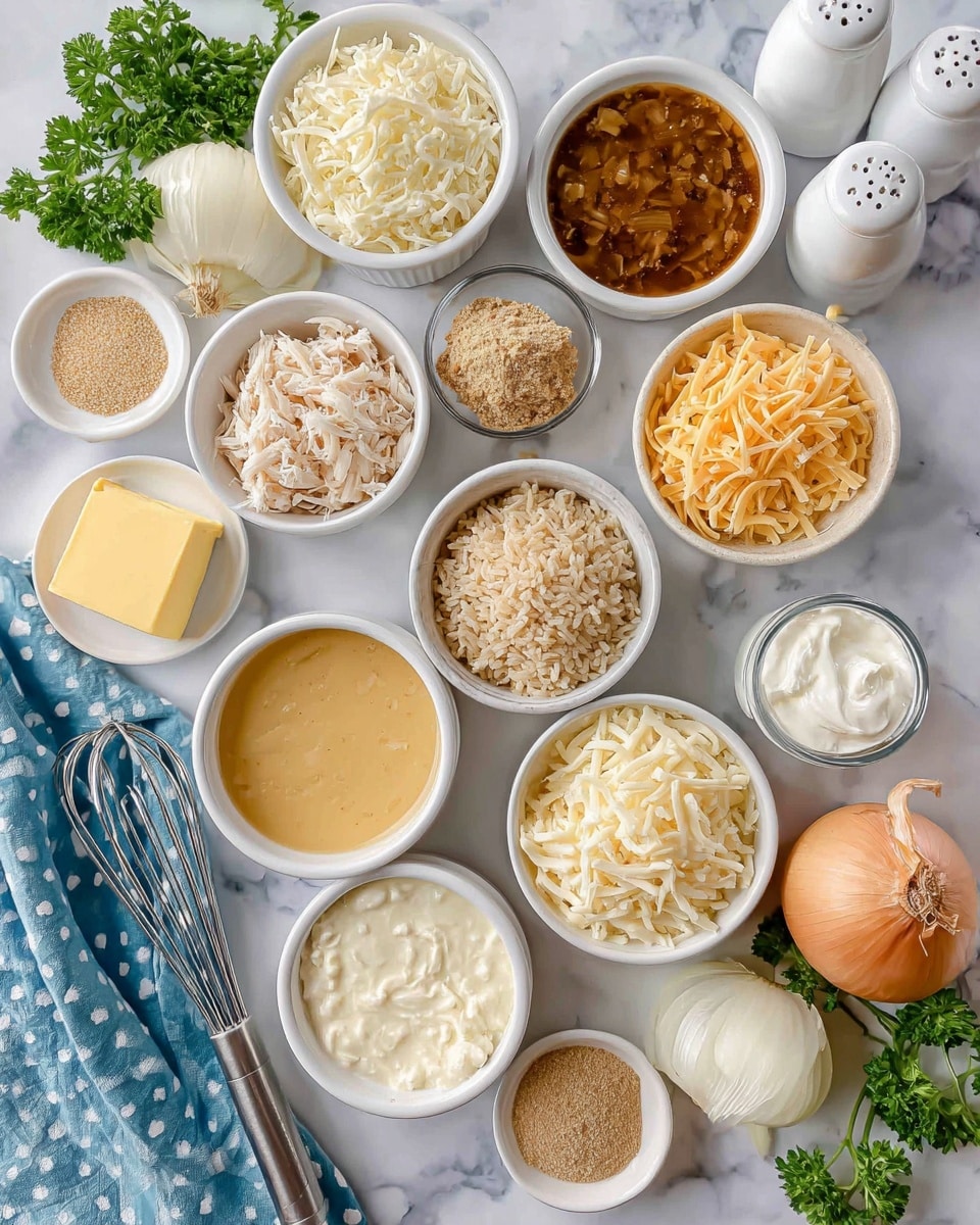 The image shows many cooking ingredients arranged neatly on a white marbled surface. There are 12 white bowls and one clear glass measuring cup filled with different ingredients: a small square of yellow butter, dark brown French onion soup, light yellow cream of chicken soup with a smooth texture, light brown Rice-a-Roni mix with grains and small bits, finely chopped white onions, a mixture of shredded pale chicken, shredded mozzarella cheese in thin pale strips, light beige crispy French fried onions, creamy white sour cream, a small bowl of beige garlic powder, and two white shakers labeled salt and pepper. A woman’s hand holding a silver whisk is partly visible near a light blue cloth with white dots in the bottom left corner. There is also fresh whole onion and sprigs of green parsley on the corners. The photo taken with an iphone --ar 4:5 --v 7