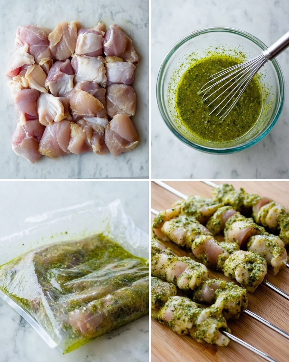 This image is divided into four parts showing step-by-step pieces of chicken preparation for skewers. The top left shows raw chicken pieces in pale pink with white spots placed closely together on a white marbled surface. The top right shows a clear glass measuring cup filled halfway with a green herb sauce that has a smooth texture, on the same white marbled surface, with a metal whisk resting inside it. The bottom left shows the chicken pieces submerged in the green herb sauce inside a transparent plastic bag lying flat on the white marbled surface. The bottom right shows shiny metal skewers threaded with the chicken pieces that are fully covered in the green sauce, laid parallel on the white marbled surface, showcasing the layered chicken and sauce combination. photo taken with an iphone --ar 4:5 --v 7
