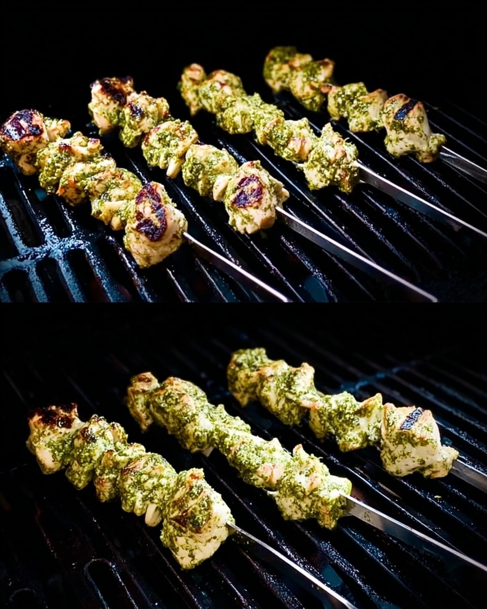 Four metal skewers with pieces of pale yellowish meat coated in a green herb mix are placed over dark grill grates. The skewers are evenly spaced and positioned diagonally. The meat chunks have a slightly rough texture from the herb coating and are arranged in tight layers on each skewer. Black grill marks are visible on some pieces, showing the cooking process. The background is dark, making the skewers stand out clearly. The photo taken with an iphone --ar 4:5 --v 7