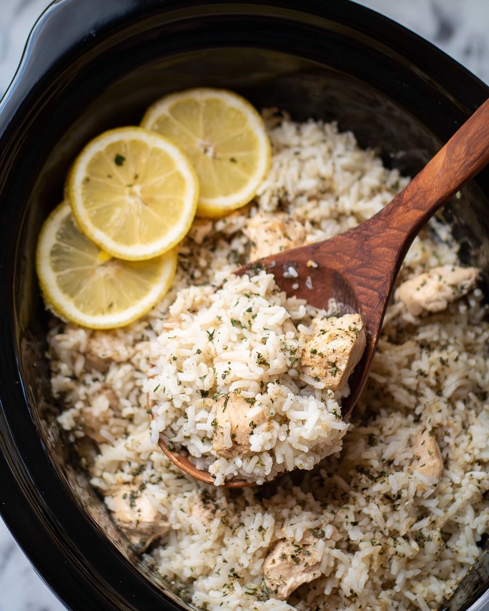 The dish shows a close-up of a black slow cooker filled with cooked white rice mixed with small herbs and pieces of tender light brown chicken, some pieces partially covered by rice. On the upper left side, three thin bright yellow lemon slices are placed on the rice. A wooden spoon scoops up a mound of the rice and chicken from the right side, showing the texture of the grains and seasoning spread evenly. The background is a white marbled texture. photo taken with an iphone --ar 4:5 --v 7