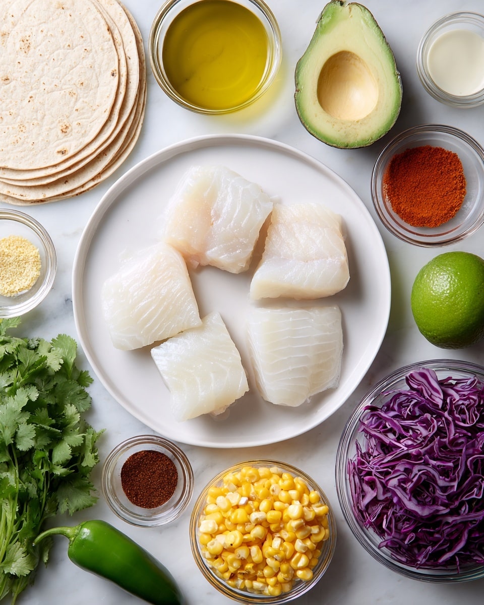 A white round plate holds four pieces of raw white fish fillets arranged loosely in a square shape. Around the plate on a white marbled surface, there is half an avocado with the seed still inside, a stack of tortillas, and a bunch of fresh green cilantro. Nearby, a whole green lime and a whole jalapeño pepper lie to the left. To the right, there is a clear bowl filled with shredded purple cabbage and another with bright yellow corn kernels. Small clear bowls contain different colored spices: light brown, orange, dark red, and reddish-brown. Additional small clear bowls hold olive oil, a thick white sauce, a creamy light beige sauce, a clear liquid, and a honey-colored liquid. photo taken with an iphone --ar 4:5 --v 7