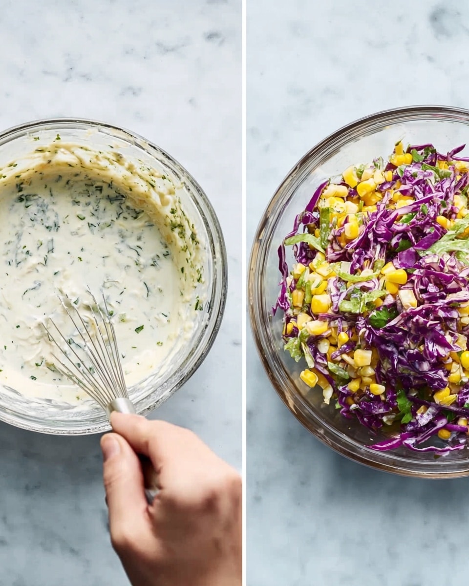 The first image shows a glass bowl with a creamy white sauce mixed with green herbs, being stirred by a woman's hand using a small metal whisk, resting on a white marbled surface. The second image features a glass bowl on the same white marbled surface filled with a salad made of shredded purple cabbage, yellow corn kernels, and green leafy herbs, all mixed together with some creamy dressing visible on top. photo taken with an iphone --ar 4:5 --v 7