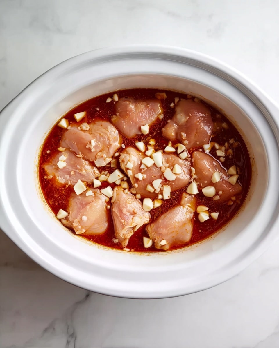 In a white oval slow cooker, there are several pieces of raw chicken with a pale pink color, soaking in a thick reddish-brown sauce. The sauce has small white chunks of garlic evenly spread over the chicken pieces. The cooker is placed on a white marbled surface. Photo taken with an iphone --ar 4:5 --v 7