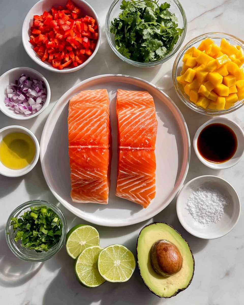 The image shows two pieces of fresh salmon fillets placed side by side on a round white plate in the center. Around the plate, there are small white bowls and glass containers holding chopped red pepper, finely chopped onion, chopped cilantro, finely chopped jalapeno, and diced mango. There is a halved avocado with the seed in one half, and two halved limes next to the salmon plate. A few small dishes hold olive oil, soy sauce, minced garlic, maple syrup, and salt. All items are arranged neatly on a white marbled surface, with bright natural light creating soft shadows. photo taken with an iphone --ar 4:5 --v 7