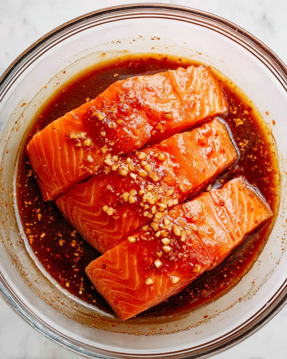 The image shows a clear glass bowl filled with three pieces of bright orange raw salmon fillets laying flat and close together. The salmon is covered with a shiny, thick dark reddish-brown marinade that has small bits of minced garlic and black pepper spread on top and around the fillets. The bowl is placed on a white marbled surface, and the marinade looks wet and glossy, coating the salmon well. photo taken with an iphone --ar 4:5 --v 7