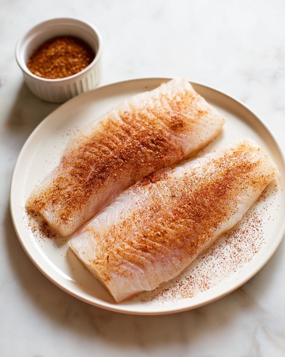 Two raw fish fillets lie flat side by side on a round white plate placed on a white marbled surface. Both fillets are pale pink with a smooth texture, evenly covered with a reddish-brown dry spice mix sprinkled on top. Behind the plate, there is a small white ramekin filled with more of the same spice mix. The scene has soft natural light highlighting the texture of the fish and spices. photo taken with an iphone --ar 4:5 --v 7