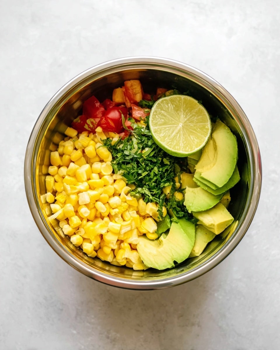 A shiny metal bowl on a white marbled surface holds a fresh mix of ingredients. There are bright yellow corn kernels piled on one side and soft green avocado slices fanned out at the back. A half lime with a pale green inside sits beside the avocado. Fresh chopped green herbs and bits of red tomato add contrast, placed next to the corn and avocado. The colors are vivid and fresh, with a clean and simple arrangement. Photo taken with an iphone --ar 4:5 --v 7