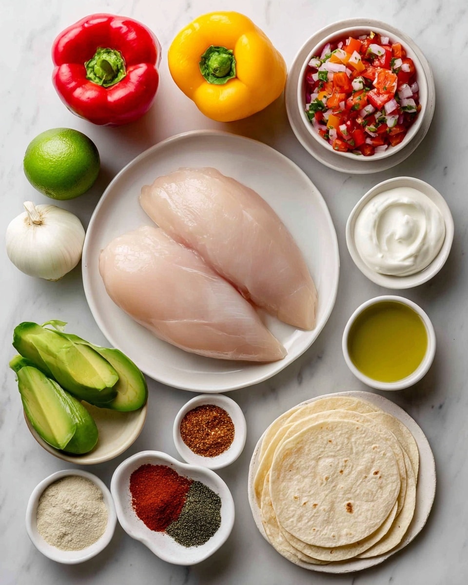 The image shows a clean white plate with two plain chicken breasts placed at the top right. Around the plate, there are colorful fresh ingredients arranged neatly on a smooth white marbled surface. A bright red bell pepper is at the top left, a yellow bell pepper slightly below, and a green bell pepper near the bottom left. A small white bowl of sour cream sits near the right edge. Next to it, there are two fresh green limes, a white bowl of white onion, and another bowl with green avocado. Near the bottom center, a small white bowl of olive oil contrasts with a round stack of beige tortillas to the right. A white bowl filled with vibrant pico de gallo is at the bottom left, and a plate of various fajita seasonings creating a mix of red, brown, and black colors is arranged near the middle left. A woman's hand is gently holding the green bell pepper. The whole setting is bright and fresh, with clear labels on each item. photo taken with an iphone --ar 4:5 --v 7