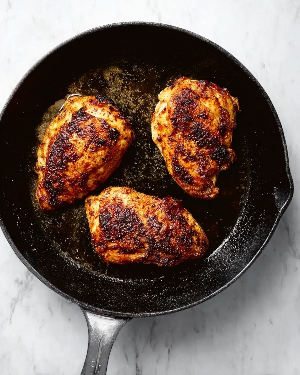 The image shows three browned chicken pieces cooking in a black cast iron pan. The chicken has a dark golden crust with some charred spots, giving it a textured and crispy look. The pan is on a white marbled surface, and the chicken pieces are spaced evenly, with some oil glistening around them. The handle of the pan is visible, and the overall scene feels warm and inviting. photo taken with an iphone --ar 4:5 --v 7