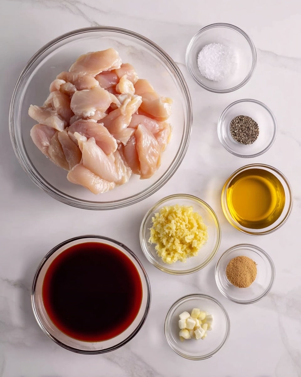 The image shows a white marbled surface with a large clear glass bowl filled with raw, light pink chicken strips placed at the upper left side. Surrounding the bowl, there are small clear glass bowls arranged in a loose circle: two small bowls containing white salt and black pepper at the top right; a medium bowl with golden honey beside them; next to that, a small bowl filled with finely chopped yellow ginger; below, a small bowl with minced white garlic; a small bowl with light brown ground ginger powder is at the bottom left; a larger bowl with dark soy sauce is near the middle bottom; a medium bowl with thick reddish sauce close to the soy sauce; and finally, a small bowl with a clear liquid, possibly vinegar or oil, near the bottom right. The bowls and chicken are neatly arranged, creating a clean and organized look. photo taken with an iphone --ar 4:5 --v 7