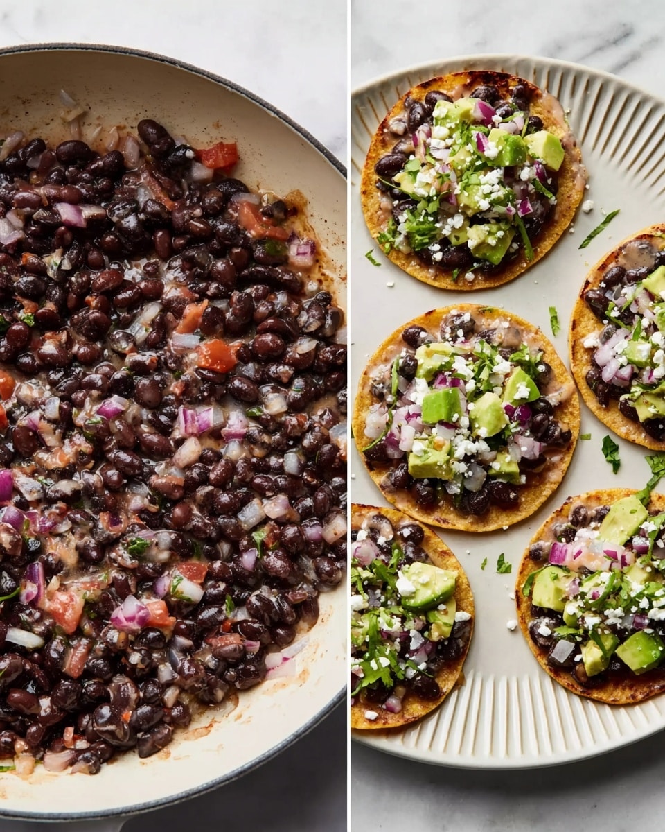 The left side shows a close-up of cooked black beans mixed with small pieces of red onion and tomato in a white pan, the beans are shiny and dark with bits of softened vegetables. On the right side, four white corn tostadas are laid out on a white plate with a ridged edge, each tostada topped with a dark layer of the cooked black bean mix, creamy light brown sauce drizzled on top, small chunks of green avocado, crumbled white cheese, finely chopped purple onion, and chopped green herbs. The scene is set on a white marbled surface. photo taken with an iphone --ar 4:5 --v 7