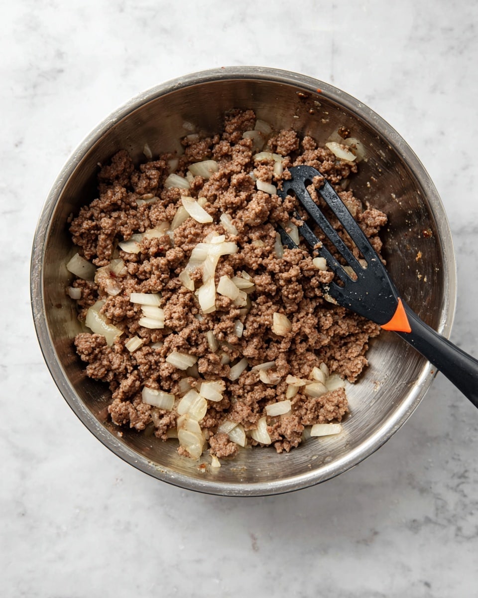 A silver metal bowl sits on a white marbled surface, filled with cooked ground meat mixed with soft, translucent chopped onions. The meat is brown and crumbly, while the onions are cut into small pieces and spread evenly throughout. A black slotted spatula with an orange detail rests inside the bowl on the right side, showing some meat clinging to it. The image is captured from above, focusing on the texture and color contrast of the meat and onions in the bowl. photo taken with an iphone --ar 4:5 --v 7