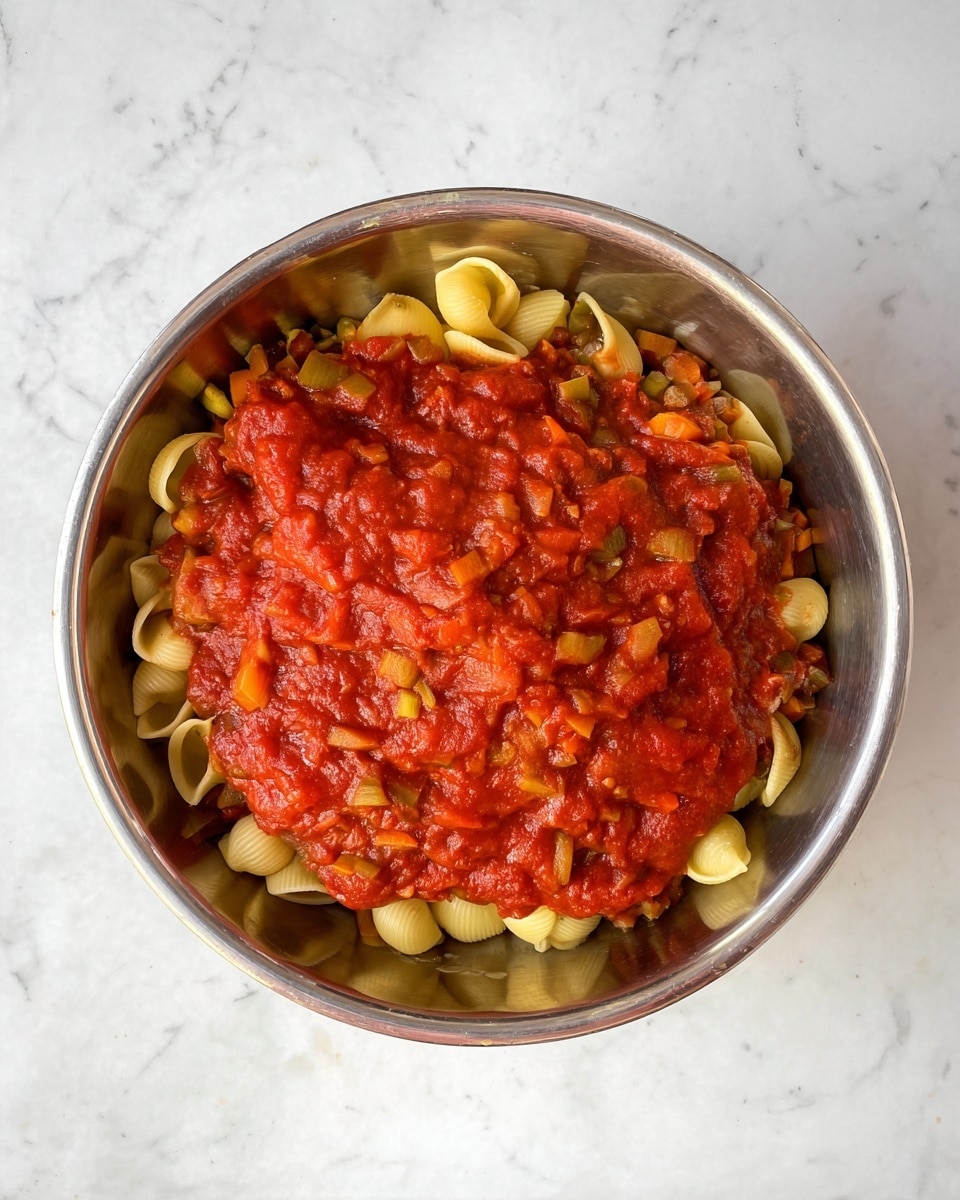 A top view of a metal bowl shows two visible layers: the bottom layer is light yellow pasta shells filling the bowl, covered by a thick layer of bright red chunky tomato sauce with bits of cooked vegetables evenly spread on top. The bowl is placed on a white marbled surface. photo taken with an iphone --ar 4:5 --v 7