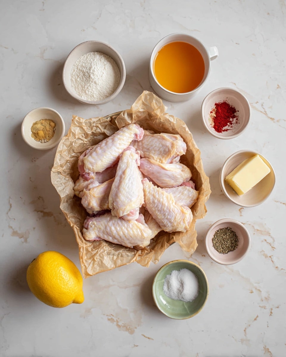 Raw chicken wings with a pale pink and light beige color are placed on crumpled light brown parchment paper in a round basket. Around the basket, there are small white bowls and dishes holding different ingredients: one bowl with white powder and beige and red spices, a dish with a small yellowish chunk of ginger, another dish with half white and half dark spices, a green dish with white powder, a light pink dish with a cube of butter, a white cup filled with orange liquid, and a large yellow lemon placed at the front. The background is a white marbled texture. Photo taken with an iphone --ar 4:5 --v 7
