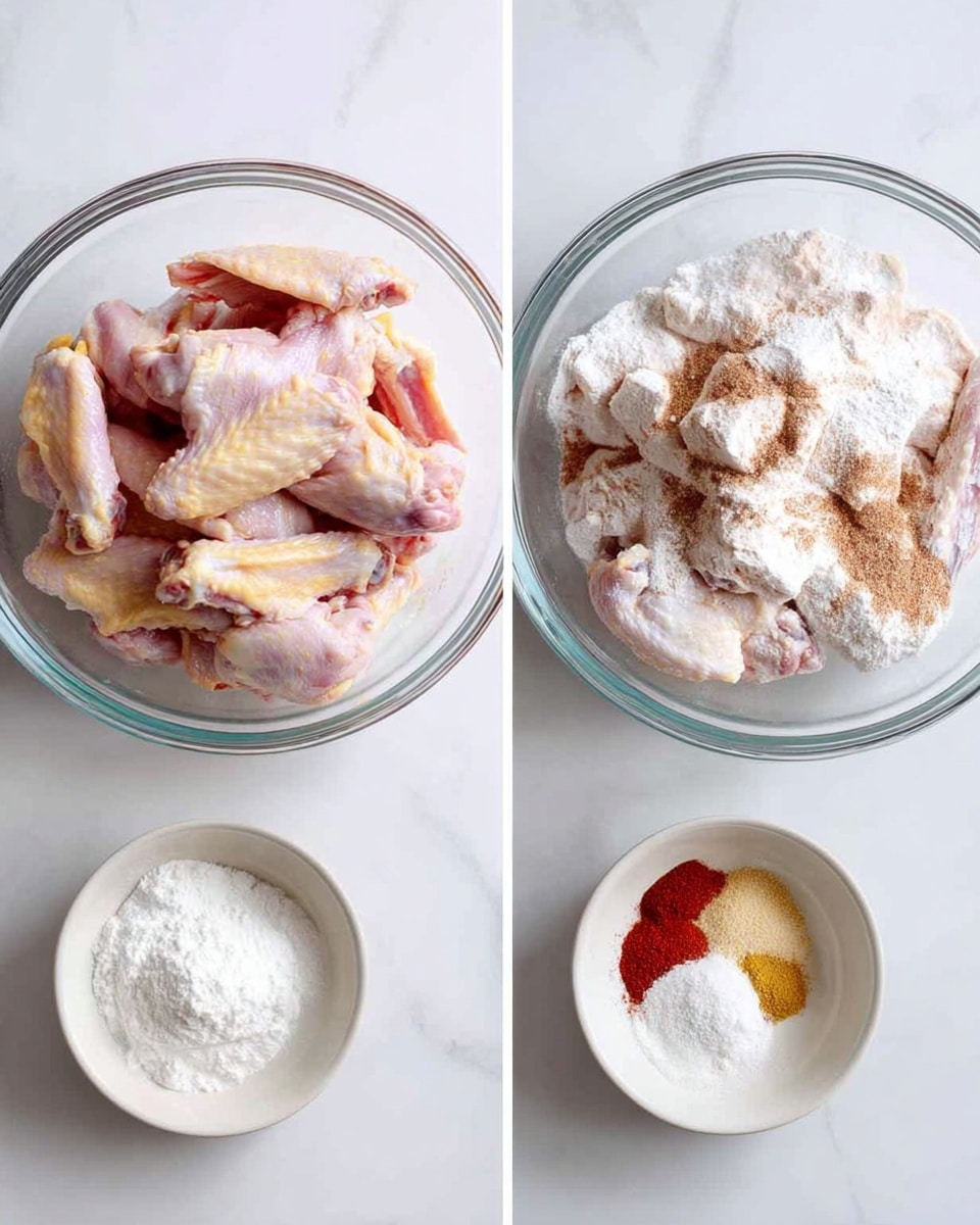 In two side-by-side photos on a white marbled surface, a clear glass bowl holds two layers: first a pile of raw chicken wings with pinkish and light yellow skin visible, and second image shows the same chicken wings covered with a layer of white flour and light brown spice powder on top. Below the bowl, two small white bowls sit side by side; the left one contains a white powder, and the right one has a mix of three powders with colors white, yellow, and red. photo taken with an iphone --ar 4:5 --v 7