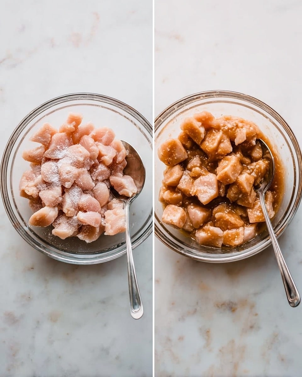 The image shows two clear glass bowls on a white marbled surface, each filled with small, uncooked pieces of light pink chicken. In the first bowl on the left, the chicken pieces are sprinkled with a white powder, likely seasoning or flour, and a metal spoon is resting inside the bowl, partially submerged in the chicken. The second bowl on the right contains the same chicken pieces, now evenly coated with a brown sauce or marinade, and also has a metal spoon placed inside. Both bowls are viewed from above, emphasizing the contrast between the dry and marinated chicken. Photo taken with an iphone --ar 4:5 --v 7