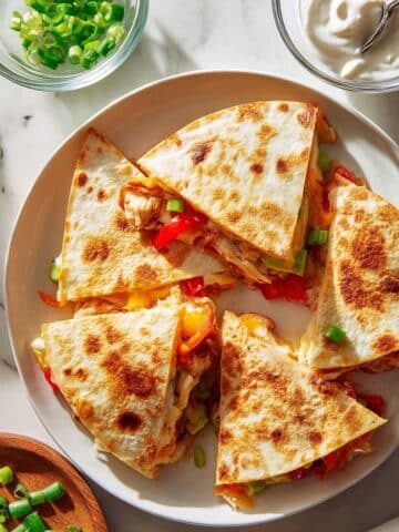 Chicken and Cheese Quesadillas with Peppers, Onions, and Avocado Recipe