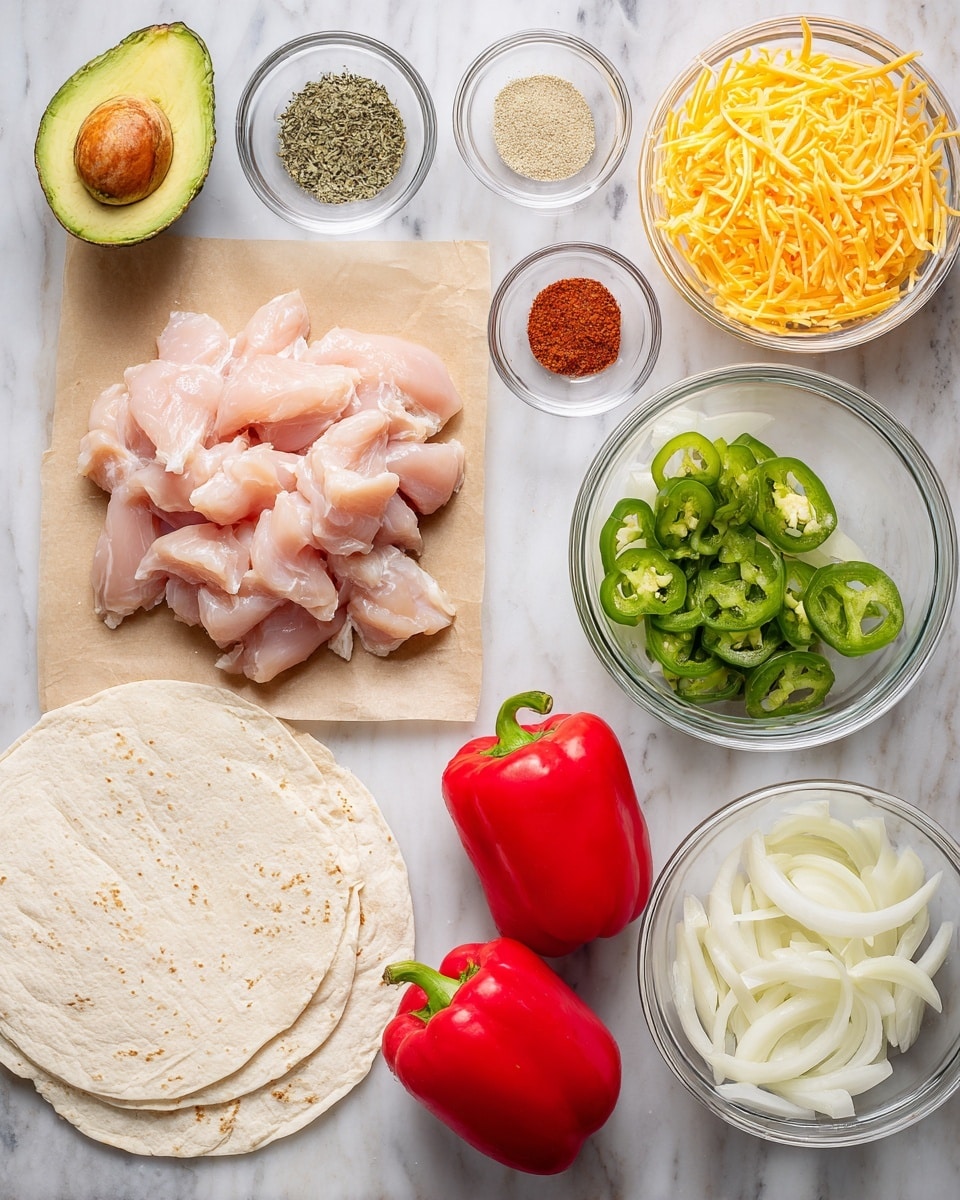 The image shows a flat lay of fresh ingredients arranged neatly on a white marbled surface. In the center, there is a stack of raw pink chicken pieces placed on a small square of light brown parchment paper. To the upper right of the chicken, there are two clear glass bowls filled with shredded cheese, one with a bright orange color and the other with pale yellow cheese. Next to the chicken on the lower right side, there are two whole red bell peppers with a glossy texture. Below the peppers, there are small clear bowls holding sliced white onions and green sliced jalapeños. On the left side, three white flour tortillas are fanned out in a semi-circle. Above the tortillas, there are three small clear bowls, one with dried green herbs, one with a light brown powder, and the third with a reddish-brown spice. Finally, at the top left corner of the image, there is a halved avocado with a bright green flesh and a brown seed visible in one half. photo taken with an iphone --ar 4:5 --v 7