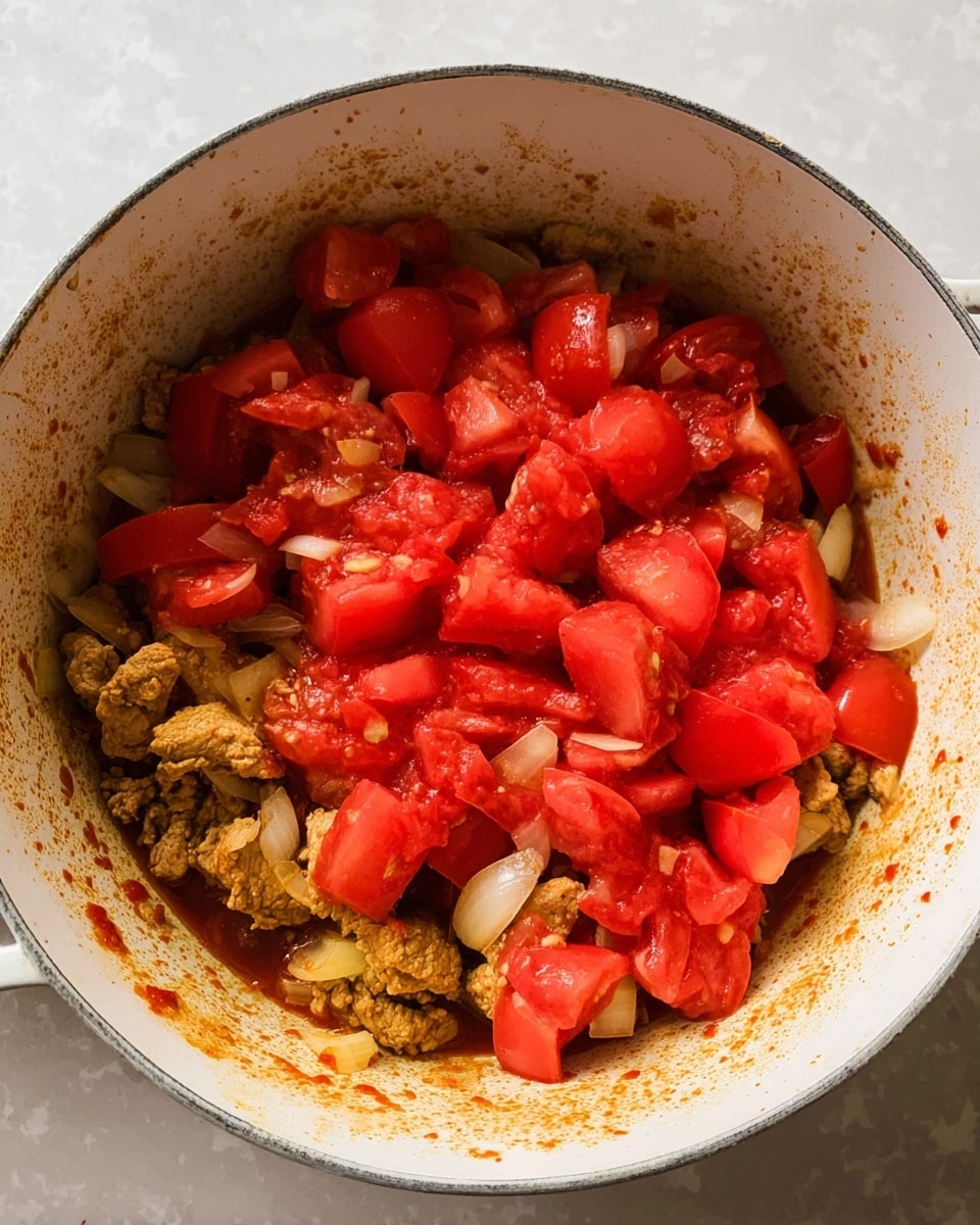 Inside a white pot, there is a dish with two main layers. The bottom layer shows cooked pieces of light brown meat mixed with small bits of white onion that have a soft texture. On top, there are large, chunky red tomato pieces that look fresh and juicy, scattered unevenly across the meat. The inside of the pot has some light stains and splashes of sauce, adding a slightly messy but natural look. The photo is taken from above, showing the whole inside of the pot clearly with a white marbled surface underneath photo taken with an iphone --ar 4:5 --v 7