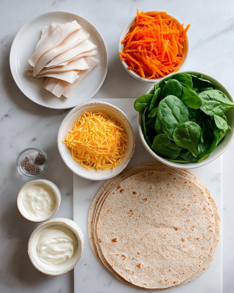The image shows ingredients for making a wrap arranged on a white marbled surface. There are two large whole wheat tortillas placed flat on the bottom right. Above them is a small bowl filled with green spinach leaves showing a fresh texture. Next to the spinach is a bowl with finely shredded orange carrots. Above the carrots is a bowl with shredded yellow cheddar cheese. To the left is a white plate with folded slices of light-colored turkey meat. On the top left is a small white dish holding salt and black pepper. To the right of the cheese are two small white bowls, one with a dollop of sour cream and the other with a dollop of cream cheese. All ingredients have clear texture and natural colors. photo taken with an iphone --ar 4:5 --v 7