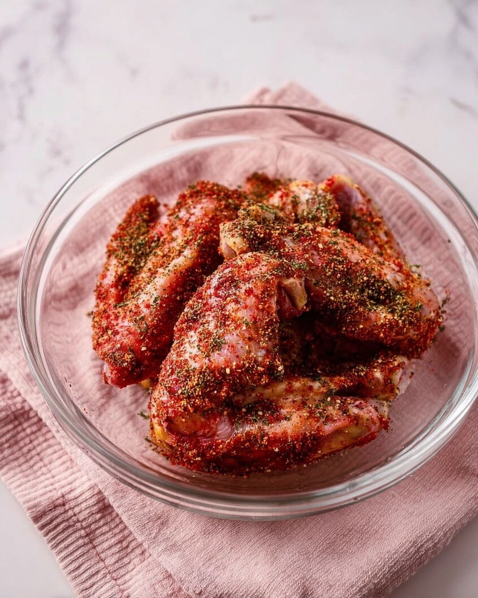 The image shows a clear glass bowl filled with several pieces of raw chicken wings covered in a dry rub of red and brown spices, sprinkled with green herbs. The chicken wings have a rough texture from the spices and herbs coating. The bowl sits on a folded light pink cloth with soft ridges, placed on a white marbled surface. Photo taken with an iphone --ar 4:5 --v 7