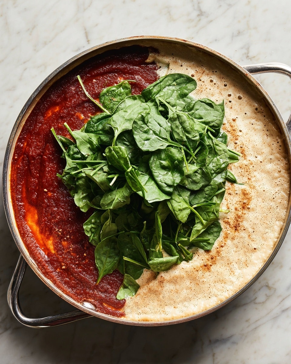 A round pan shows three layers: a dark red sauce with a thick texture on one side, a creamy beige sauce with a smooth, foamy surface spreading from the bottom up, and a pile of fresh green spinach leaves placed in the center, partially on top of the two sauces. The pan has a light inside with metal handles, and the dish is set on a white marbled surface. photo taken with an iphone --ar 4:5 --v 7
