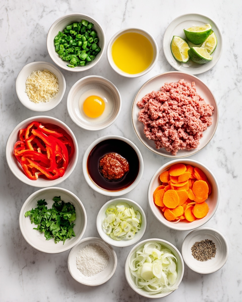 A top view of several small white bowls and a white plate arranged on a white marbled surface, each holding different ingredients. Starting from the center right, there is a white plate with a large portion of pink ground chicken. Surrounding it, clockwise, are small white bowls filled with bright red sliced bell peppers, bright orange sliced carrots, green snap peas, dark red Thai red curry paste with a smooth texture, creamy white coconut milk, and a light brown soy sauce. Above these are white bowls with golden olive oil, pale yellow chopped garlic, light beige minced ginger, a single cracked raw egg showing a bright yellow yolk and translucent white, and off-white breadcrumbs. To the left, there are small white bowls with chopped green onions and fresh green cilantro leaves. Near the center are white bowls containing sliced yellow onion pieces, half a lime showing bright green juice, and a mix of salt and ground black pepper. The bowls are neatly arranged in a semi-circle around the main plate, all placed on the white marbled surface. photo taken with an iphone --ar 4:5 --v 7