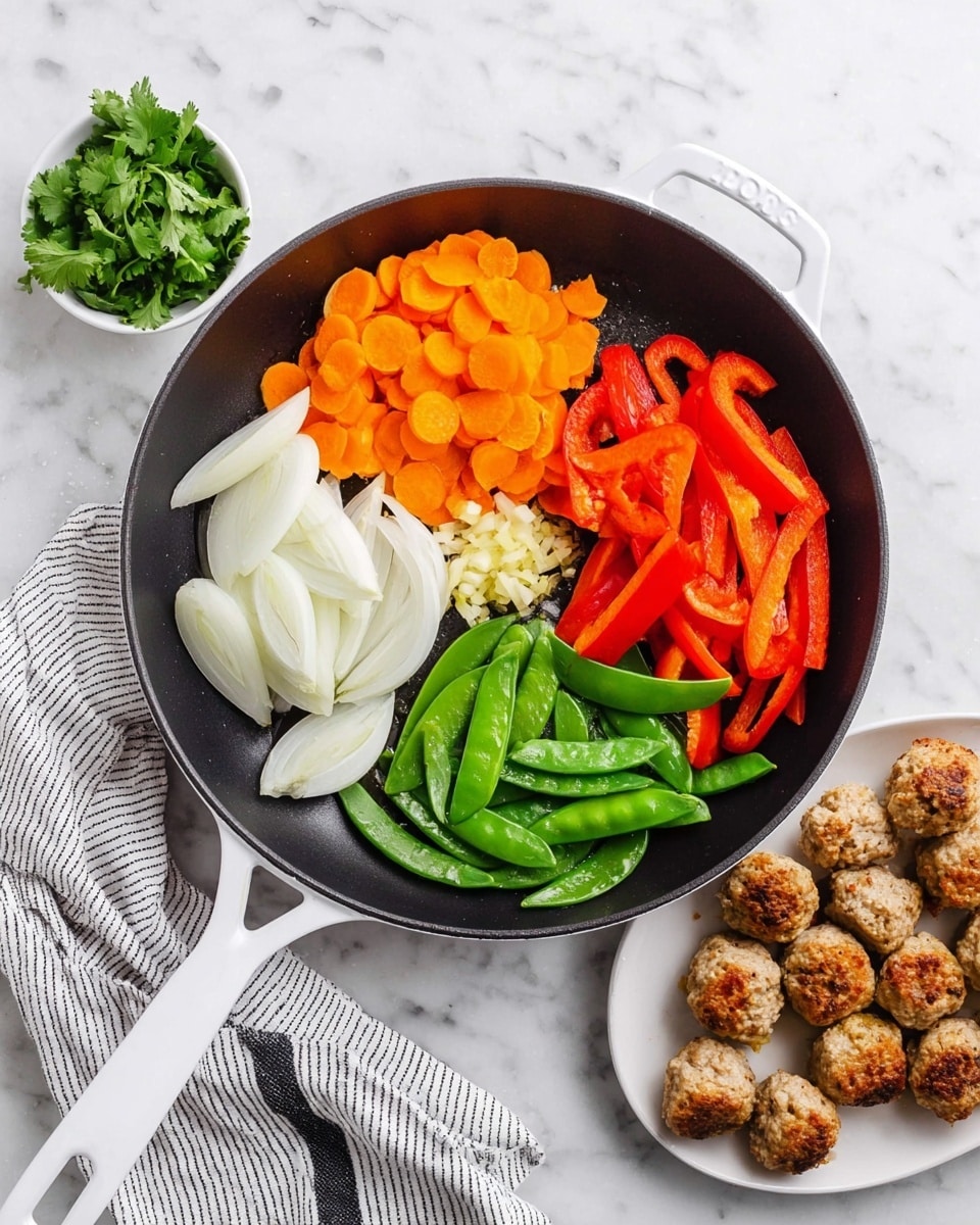 A black cooking pan with a white handle holds four sections of fresh vegetables: white sliced onions on the top left, orange carrot slices on the top right, bright red bell pepper strips on the bottom right, and green snap peas on the bottom left with a small pile of minced garlic next to them. To the right, a white plate holds small golden brown meatballs, and below it, a small white bowl contains fresh green cilantro leaves. A white cloth with black stripes lies to the lower left on a white marbled surface photo taken with an iphone --ar 4:5 --v 7