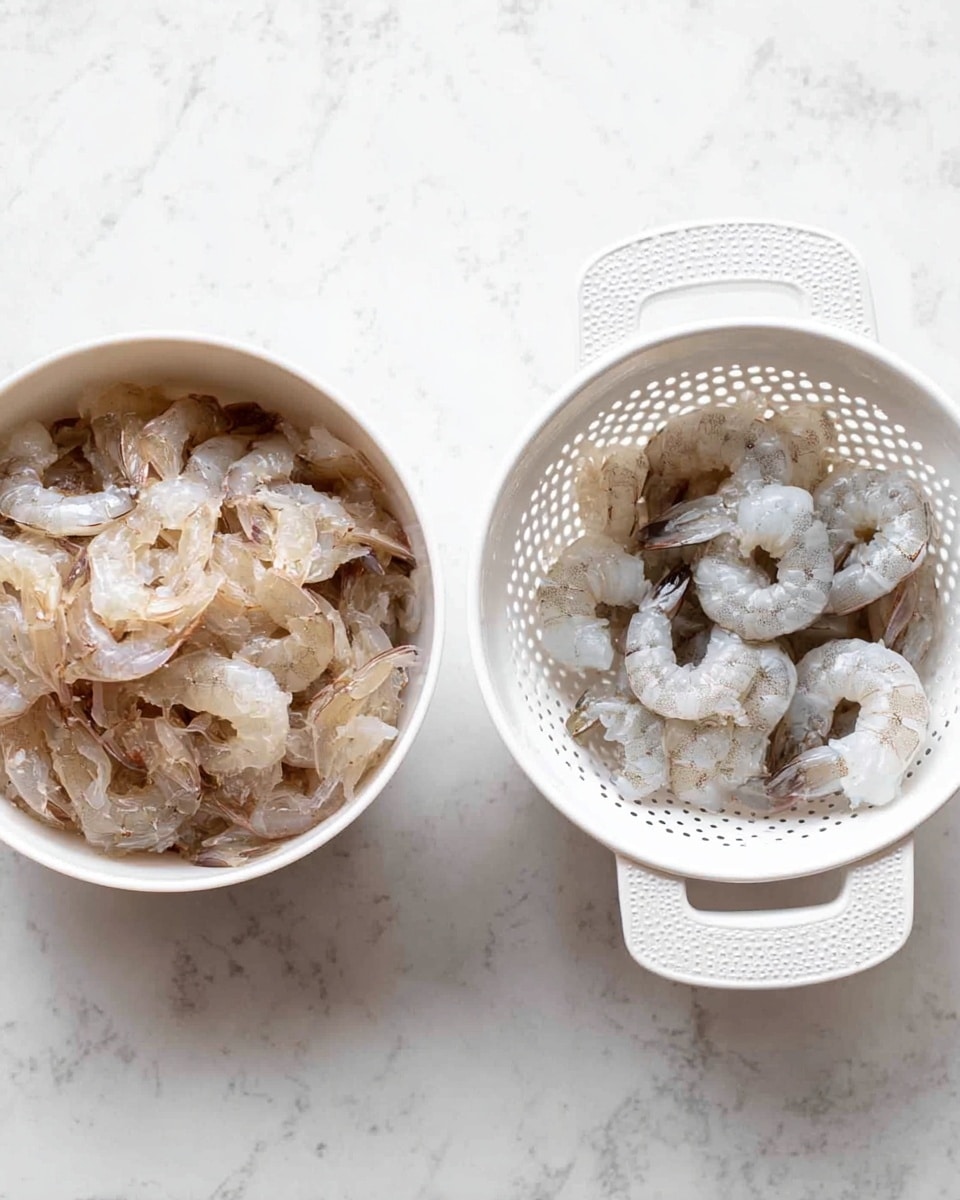 Two white bowls sit side by side on a white marbled surface. The bowl on the left is filled with many transparent, empty shrimp shells that have a light pink tint and a rough texture. The bowl on the right is a white colander with small holes all around and two handles, filled with peeled, raw shrimp. The shrimp are curled, with a smooth surface and a pale grayish color, showing the natural segmentation of their bodies. Photo taken with an iphone --ar 4:5 --v 7