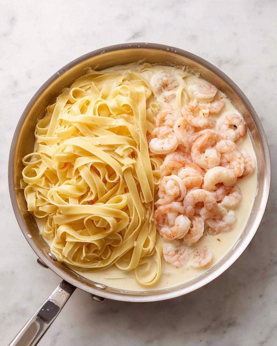 A round stainless steel pan sits on a white marbled surface, filled with three main layers: on the left and bottom side, there is a large bunch of creamy yellow fettuccine pasta, smooth and soft in texture, curled loosely; on the top right corner, there is a pile of small pink shrimp, slightly shiny and slightly curled, resting on a creamy white sauce that covers the pan’s base evenly; the sauce looks smooth and thick, filling the gaps around the pasta and shrimp. Photo taken with an iphone --ar 4:5 --v 7