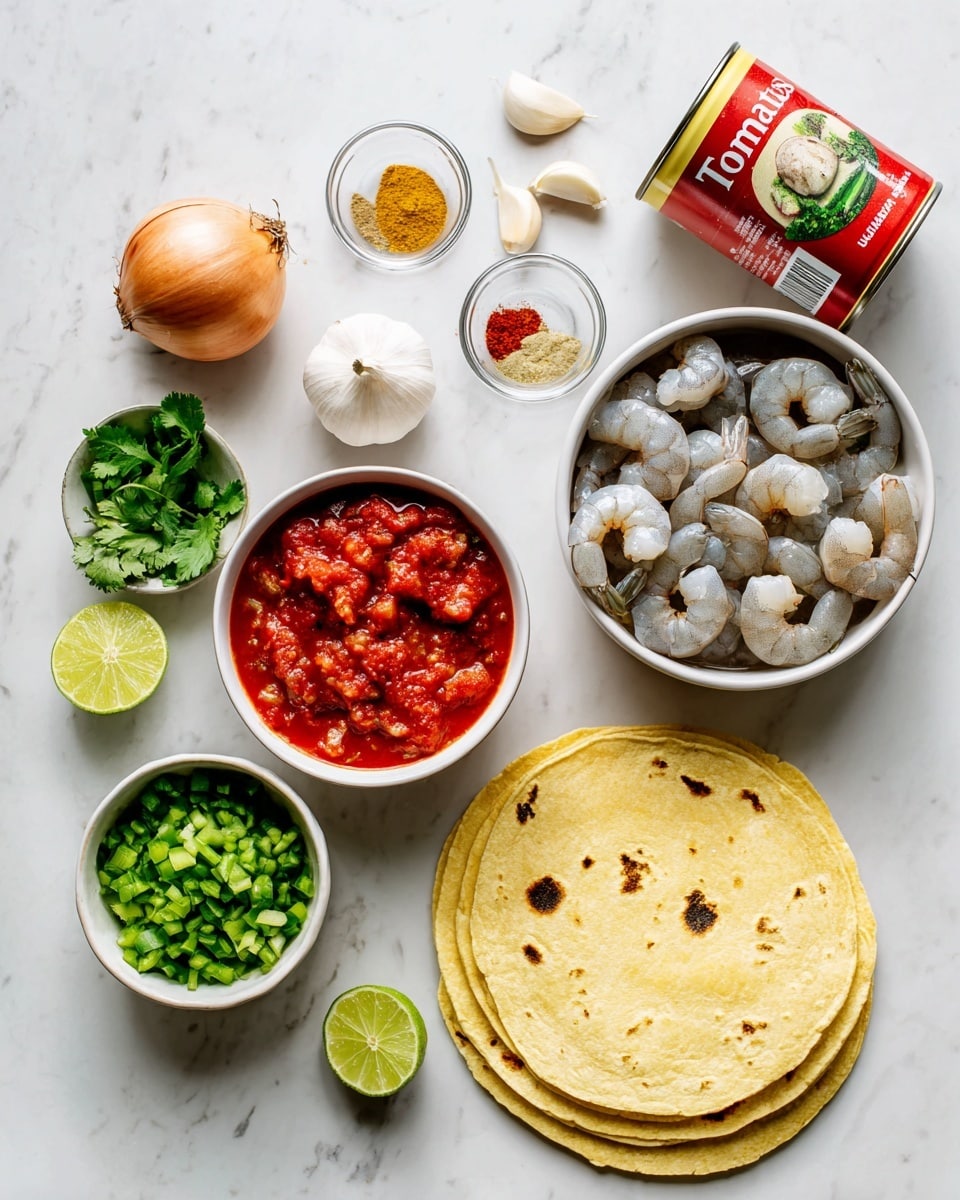 The image shows raw ingredients on a white marbled surface: a stack of five soft yellow corn tortillas with light brown spots at the bottom right, a silver can labeled