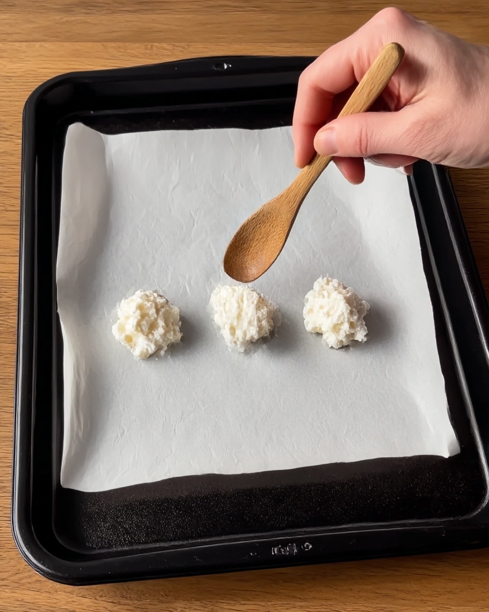 A black baking tray lined with white parchment paper holds three small white lumpy dollops of a soft mixture being carefully shaped with a small wooden spoon held by a person's hand. The baking tray sits on a wooden surface, and the background is plain, focusing on the process of placing and shaping the mixture. photo taken with an iphone --ar 4:5 --v 7