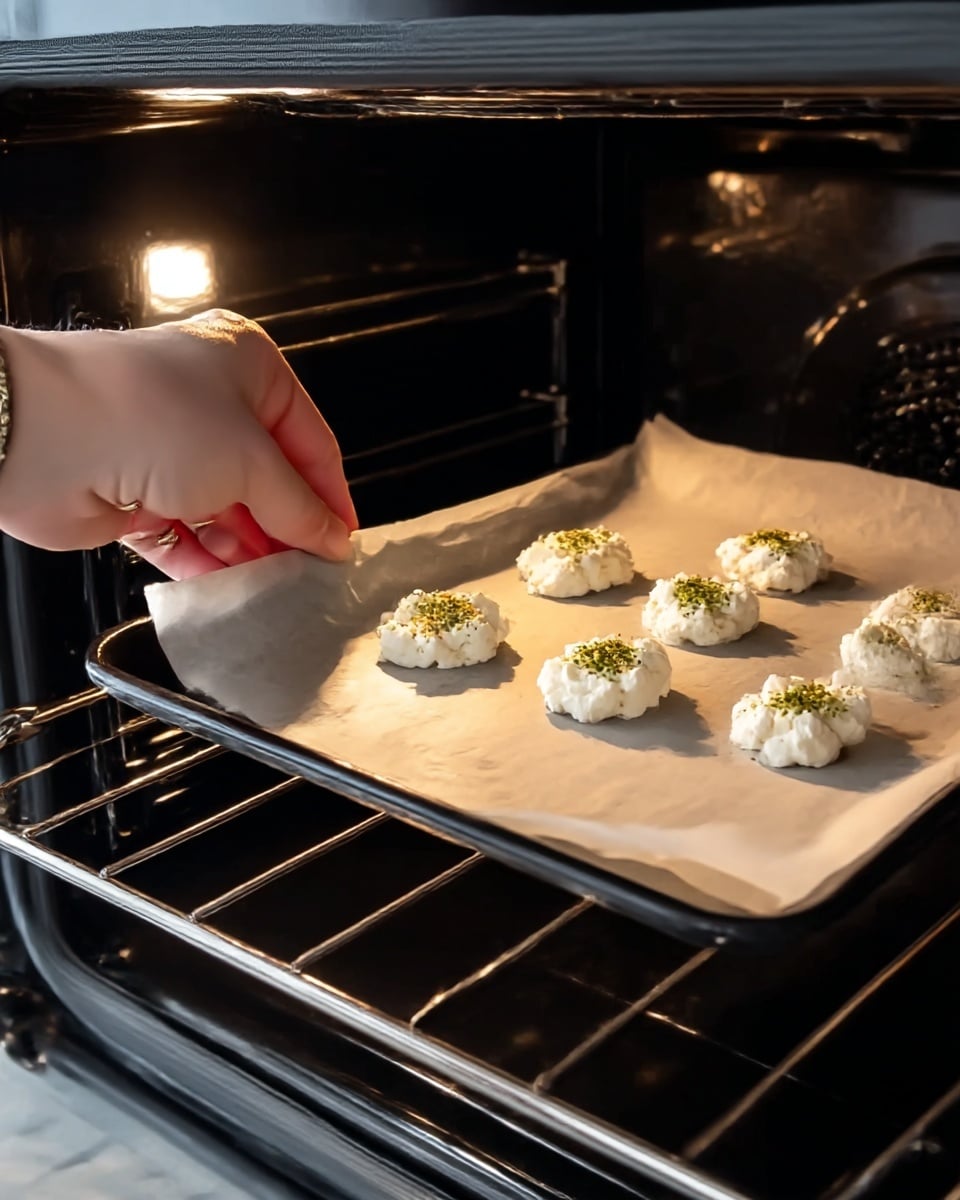 A woman's hand is placing a tray lined with parchment paper inside a black oven. On the parchment paper, there are eight small white, uneven dollops of a soft mixture, three of which have a green herb seasoning sprinkled on top. The oven has shiny metal racks, and the tray is positioned on the lower rack. The background includes the interior of the oven with a reflective black surface and light shining in. Photo taken with an iphone --ar 4:5 --v 7