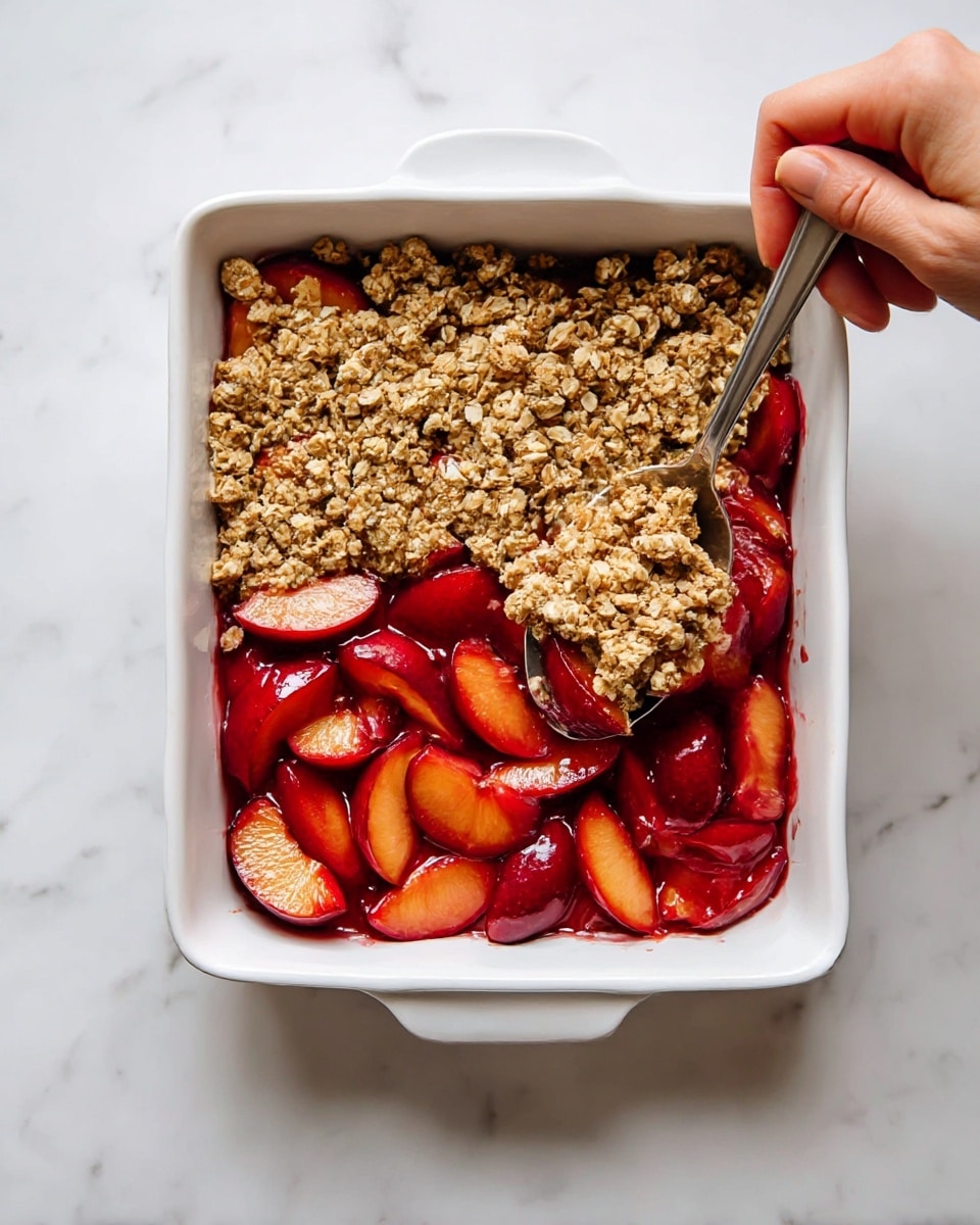 A white square baking dish filled with two layers: the bottom layer is sliced red plums, showing shiny and smooth skin with bright red flesh, spread evenly across the dish; the top layer is a chunky oat crumble, golden brown with a coarse texture, partly covering the plums. A silver spoon held by a woman's hand is scooping some oat crumble in the lower right corner. The dish sits on a white marbled surface. photo taken with an iphone --ar 4:5 --v 7