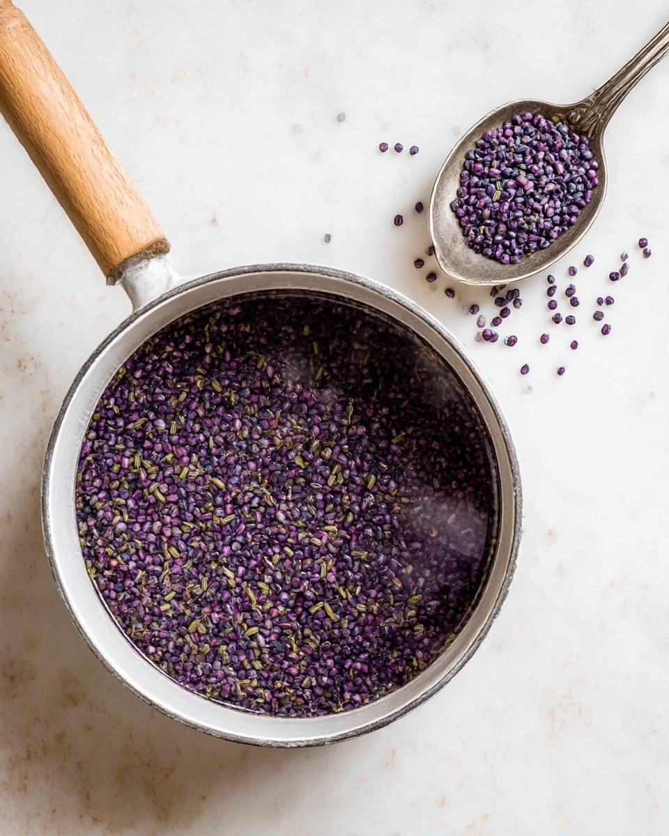 A top view of a white pot with a wooden handle filled with dark purple and green grains soaking in water, sitting on a white marbled surface. Above the pot, a tarnished silver spoon holds some of the same purple grains, with a few scattered on the surface around it. The pot shows a slight reflection on the water’s surface, highlighting the texture and color contrast between the grains and water, photo taken with an iphone --ar 4:5 --v 7
