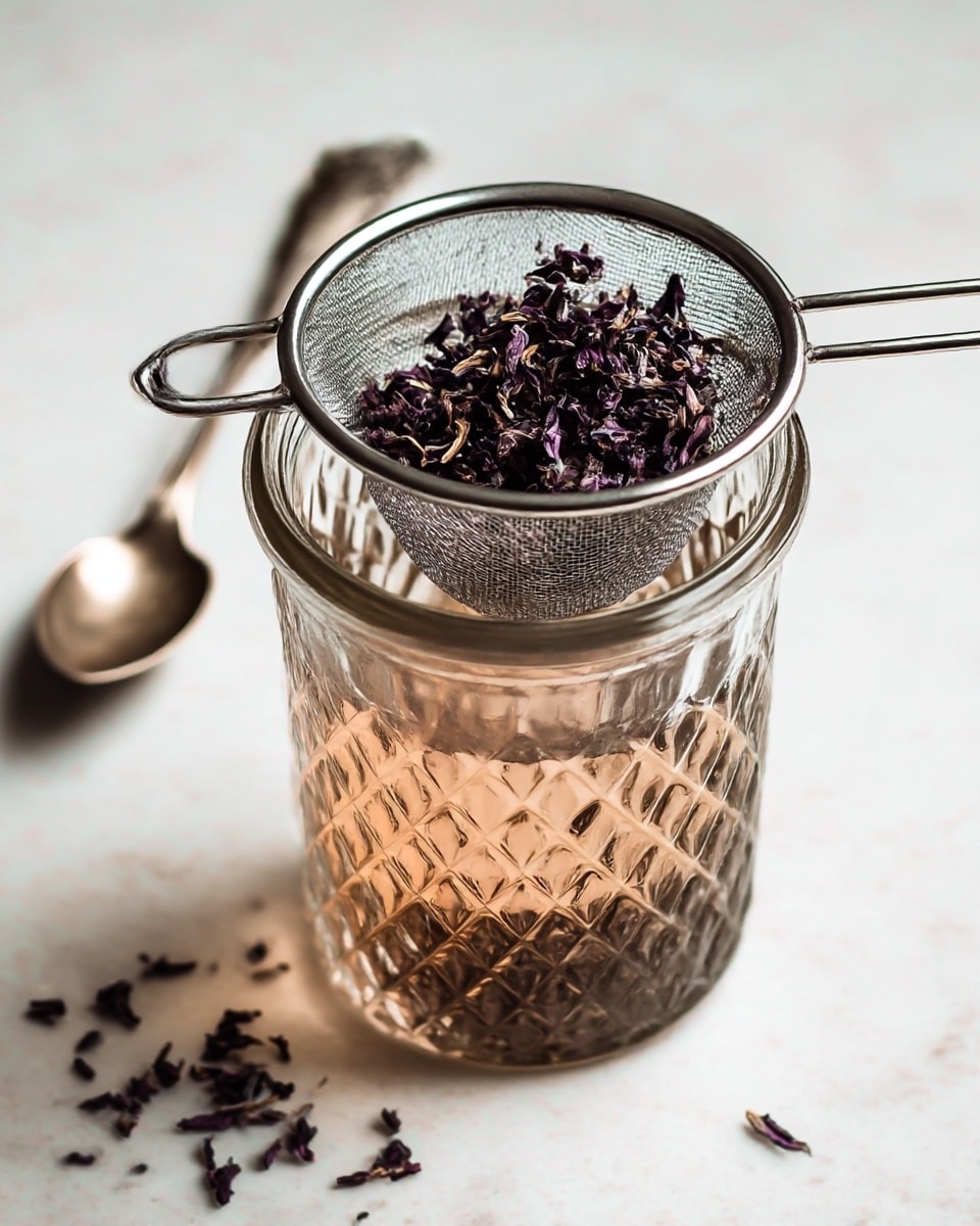A clear glass container with a textured diamond pattern is filled with light brown liquid. Resting on top is a silver metal mesh strainer holding small dark purple dried flowers. Some dried flowers are scattered on the white marbled surface around the container. In the background, a vintage silver spoon lies out of focus on the white marbled surface. photo taken with an iphone --ar 4:5 --v 7