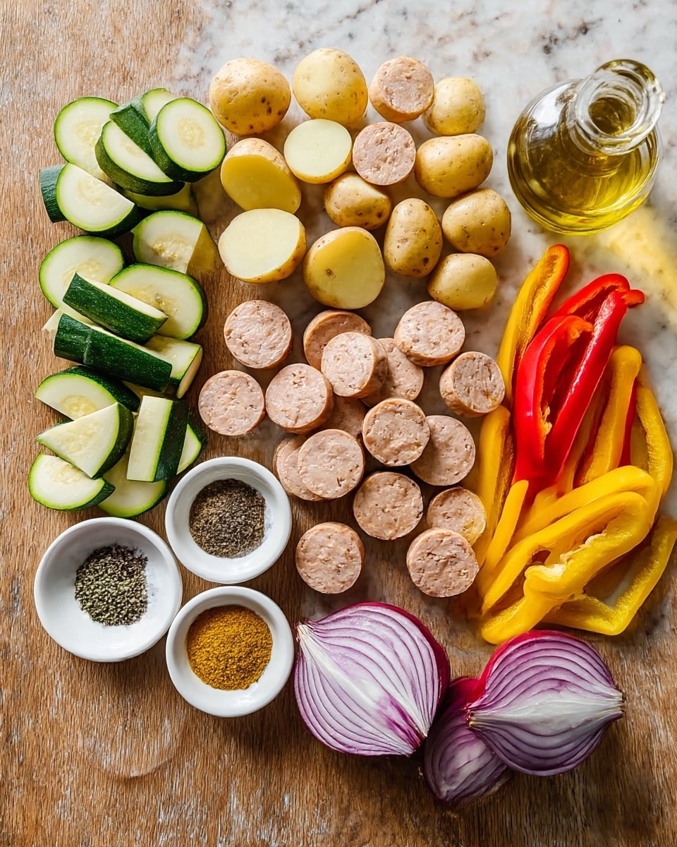 The image shows an arrangement of fresh ingredients on a wooden surface with a white marbled texture. In the center, there are many slices of light brown sausage, round and evenly cut. Above them, several small yellow potatoes are halved, showing their smooth pale yellow inside. Around the sausages and potatoes, there are sliced yellow and red bell peppers, long and thin with bright, shiny colors. To the left, wedge-shaped green zucchini pieces with white flesh are neatly placed. Two halves of a purple-red onion are at the lower right, showing crisp layers inside. Small white ceramic bowls hold different seasonings: salt and black pepper mix, dried herbs, black peppercorns, and a finely ground yellow powder. A clear glass bottle with golden oil is also part of the setup. Everything is neatly spaced and laid out on the wooden surface with a white marbled texture in good lighting. photo taken with an iphone --ar 4:5 --v 7
