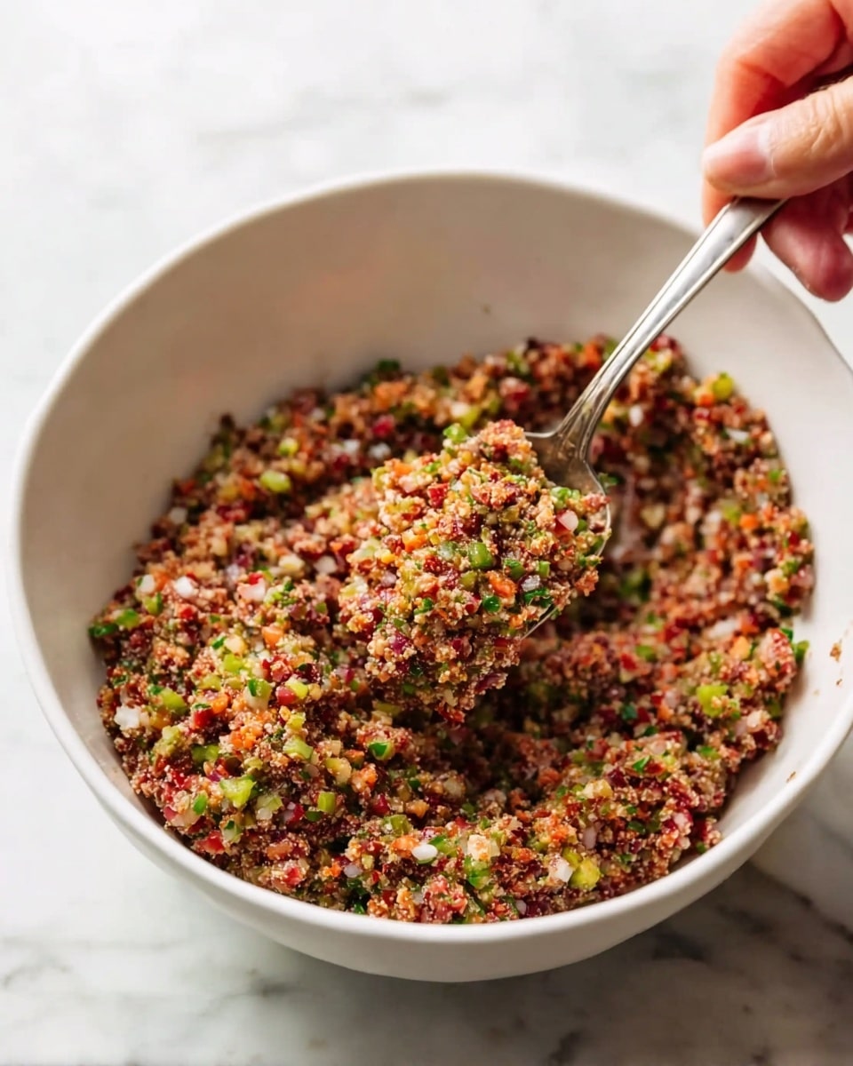 A white bowl filled with a colorful mixture of finely chopped ingredients, showing layers of red, green, white, and brown bits mixed thoroughly, creating a grainy and textured look. A woman's hand holds a silver spoon scooping up a generous portion of the mixture, which appears moist and speckled with small pieces of herbs and vegetables. The bowl sits on a white marbled surface, adding a soft contrast to the vibrant mix inside. Photo taken with an iphone --ar 4:5 --v 7