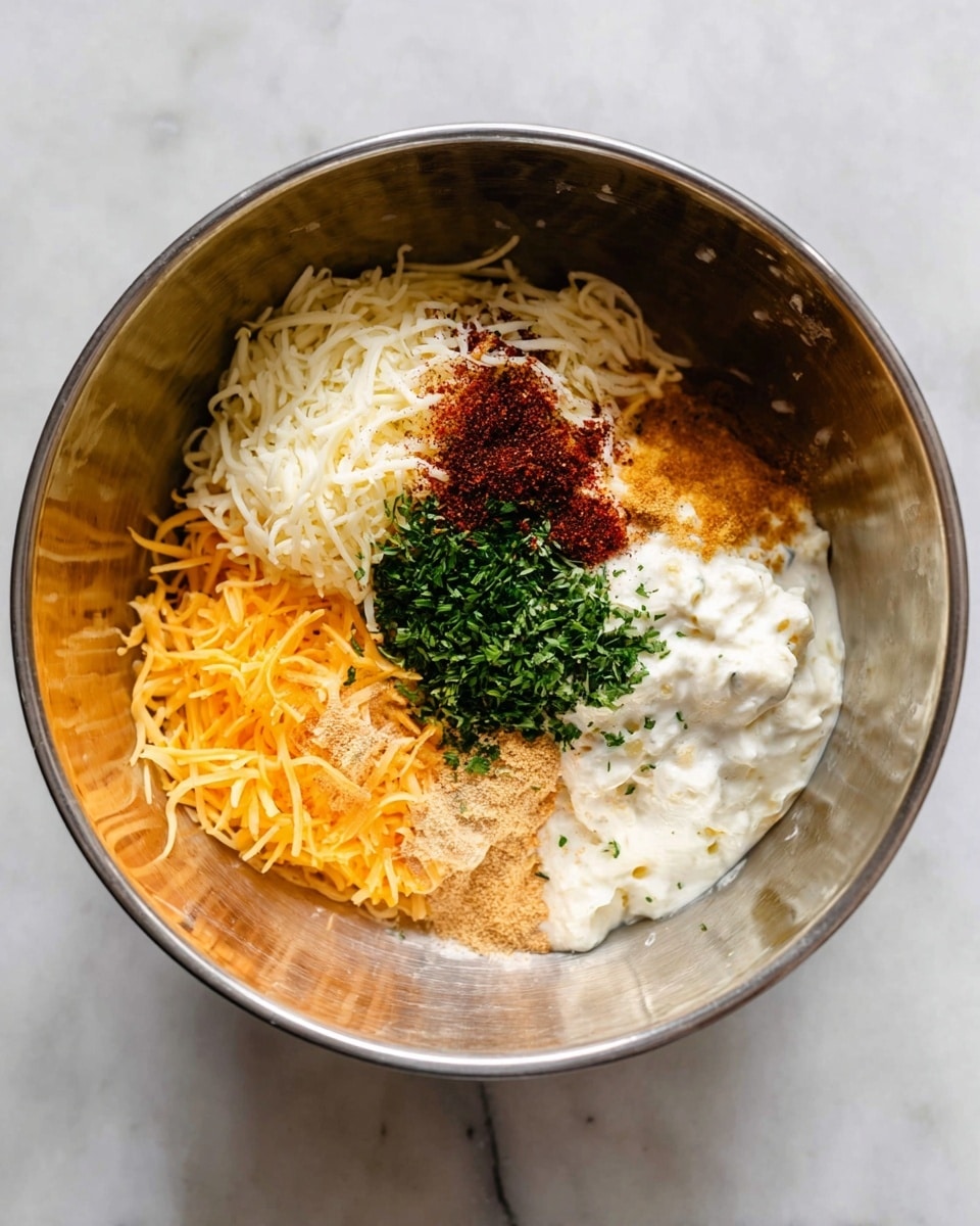Inside a shiny silver mixing bowl sitting on a white marbled surface, there are five distinct layers of ingredients. On the left bottom side, there is a bright orange layer of shredded cheddar cheese. Above that, a white shredded cheese is placed, creating a soft texture. To the right is a fluffy white creamy layer, topped slightly with a sprinkle of dark red seasoning. Below the creamy layer, just right of the cheese, there is a brownish powder. In the center of the bowl, a small pile of finely chopped green herbs adds a fresh pop of color. photo taken with an iphone --ar 4:5 --v 7