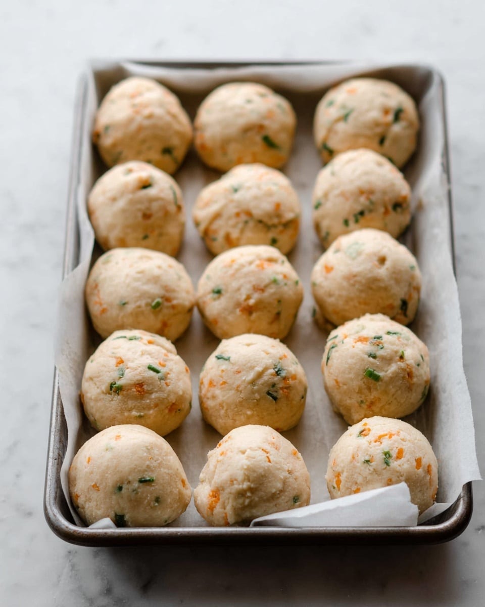 The image shows a close-up of a metal baking tray lined with white parchment paper, filled with round dough balls. There are three rows visible, with each dough ball having a light beige color speckled with small orange and green bits, indicating grated cheese and chopped herbs mixed into the dough. The dough balls have a slightly rough texture, giving a homemade look, and are evenly spaced on the tray, with a white marbled surface underneath the tray. photo taken with an iphone --ar 4:5 --v 7