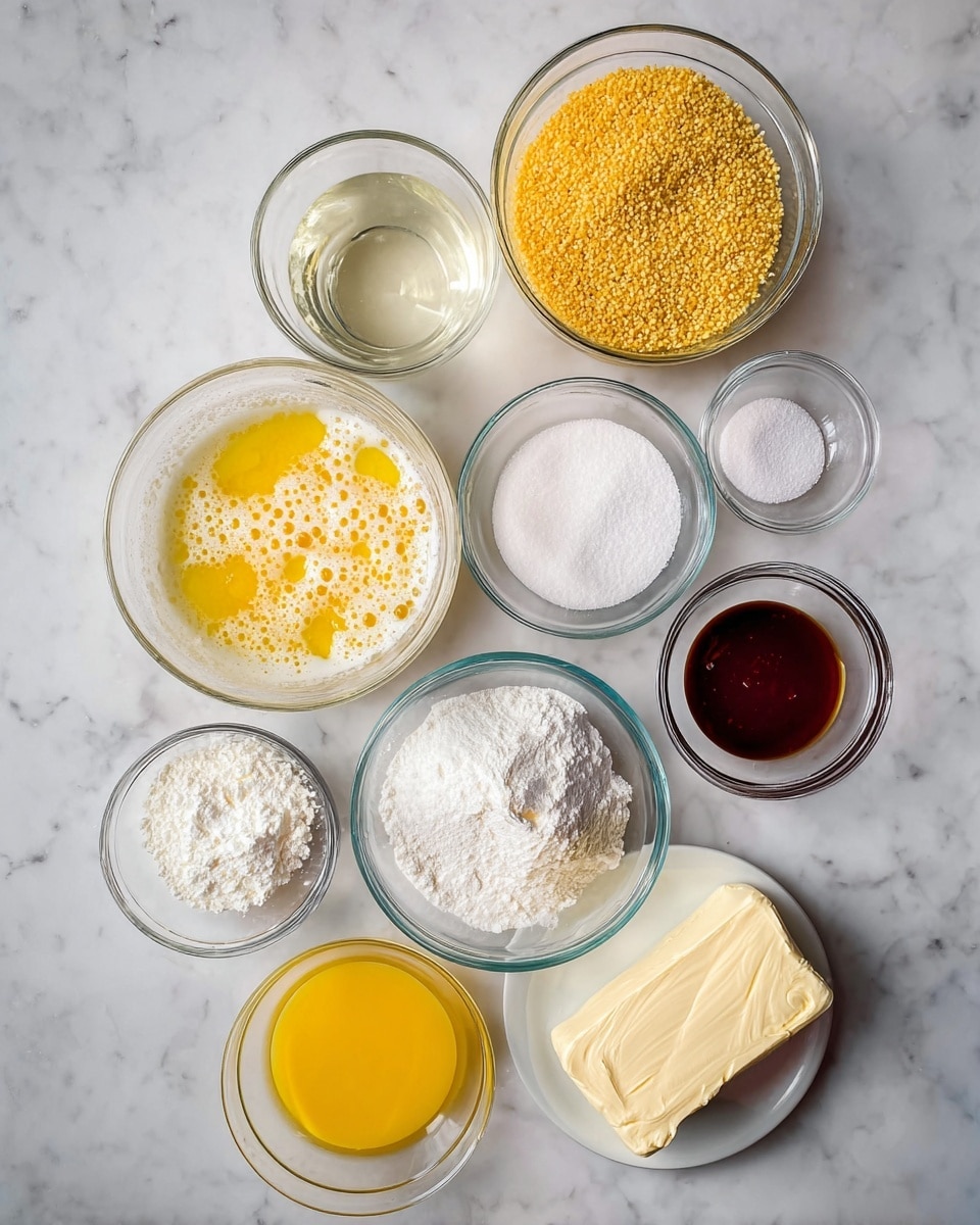 The image shows nine clear glass bowls and a white plate arranged in a circle on a white marbled surface. The large bowl in the center holds golden yellow breadcrumbs. Near it, a medium bowl contains a light yellow beaten egg mixture with foam on top. Another bowl is filled with clear water. There is a small bowl of dark brown liquid next to the water. One small bowl contains white granulated sugar, while another holds fine white powder, possibly baking powder. A medium bowl below shows a large amount of white granulated sugar. A small bowl next to it contains white creamy cream cheese or sour cream. The white plate below the sugar holds a block of cream cheese or similar soft white cheese. A small glass holds melted yellow butter. The soft textures and different shades of yellow, brown, and white create a harmonious display of ingredients. photo taken with an iphone --ar 4:5 --v 7