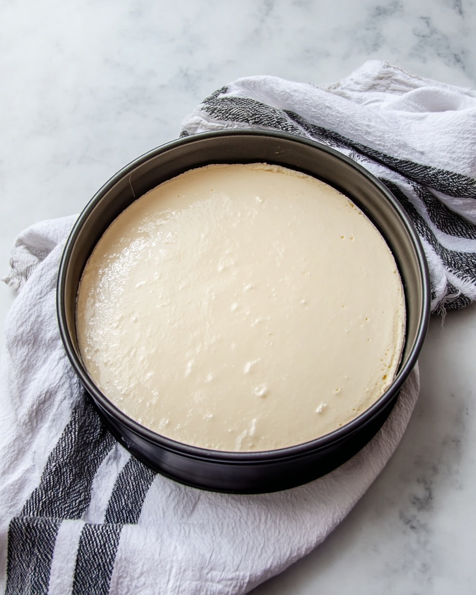 A round black springform pan filled with smooth, pale cream-colored cheesecake batter that has a glossy surface with small bubbles and light swirls, sitting on a white marbled surface next to a white cloth with dark gray stripes. Photo taken with an iphone --ar 4:5 --v 7