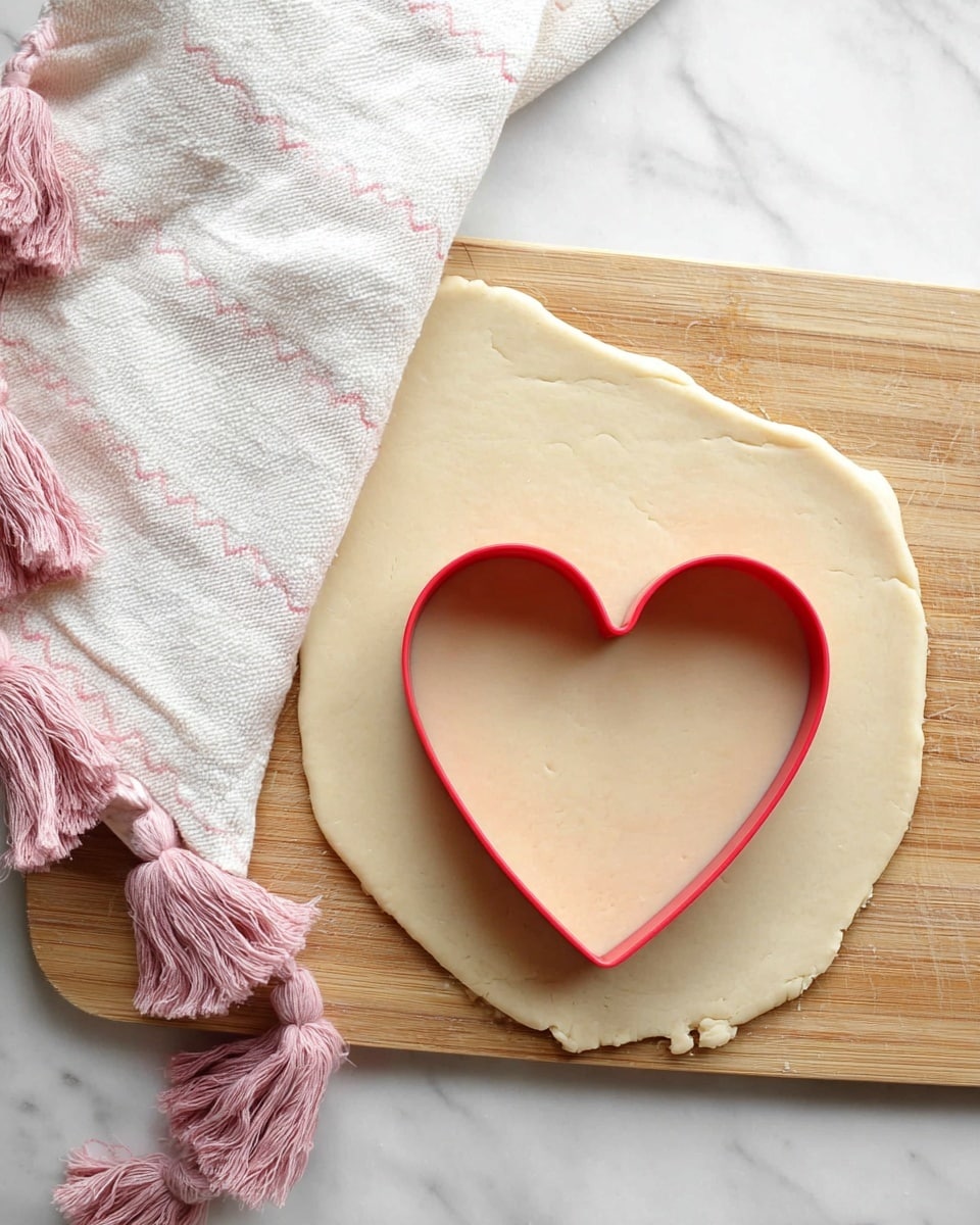 A rolled-out dough layer with a creamy light beige color and smooth texture lies flat on a wooden cutting board. On top of the dough, there is a red heart-shaped cookie cutter pressed down, showing a heart outline in the dough. In the background, a white cloth with pink tassels is partially visible against a white marbled surface. photo taken with an iphone --ar 4:5 --v 7