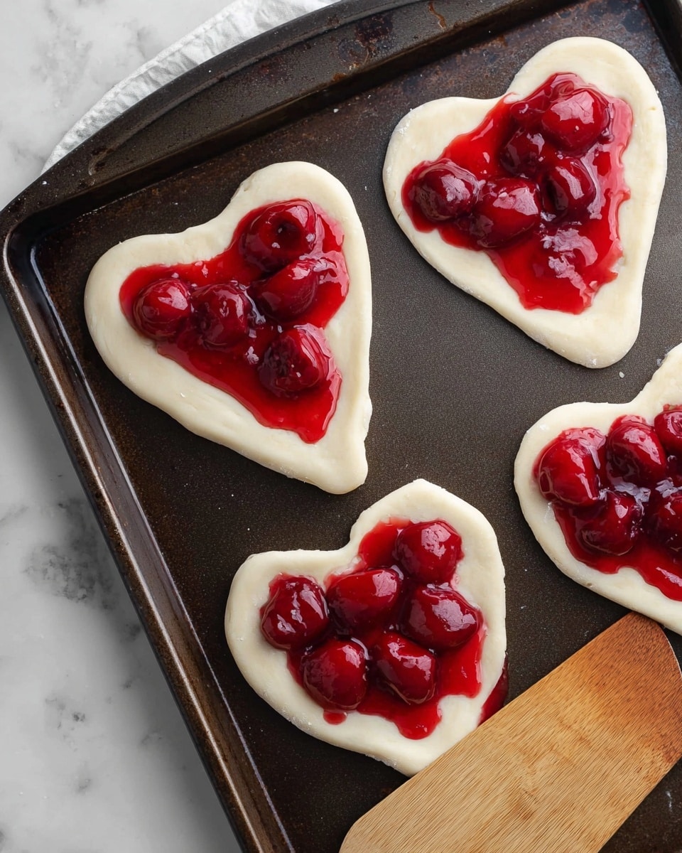 The image shows four heart-shaped dough pieces lying flat on a dark baking tray. Each heart has a layer of bright red cherry filling with whole cherries and thick syrup spread mostly in the center, leaving some of the white dough edges clear. The dough looks smooth and slightly thick, while the cherry topping is shiny and glossy with rich red tones. The tray is placed on a white marbled surface with a wooden spatula partially visible at the bottom edge. photo taken with an iphone --ar 4:5 --v 7