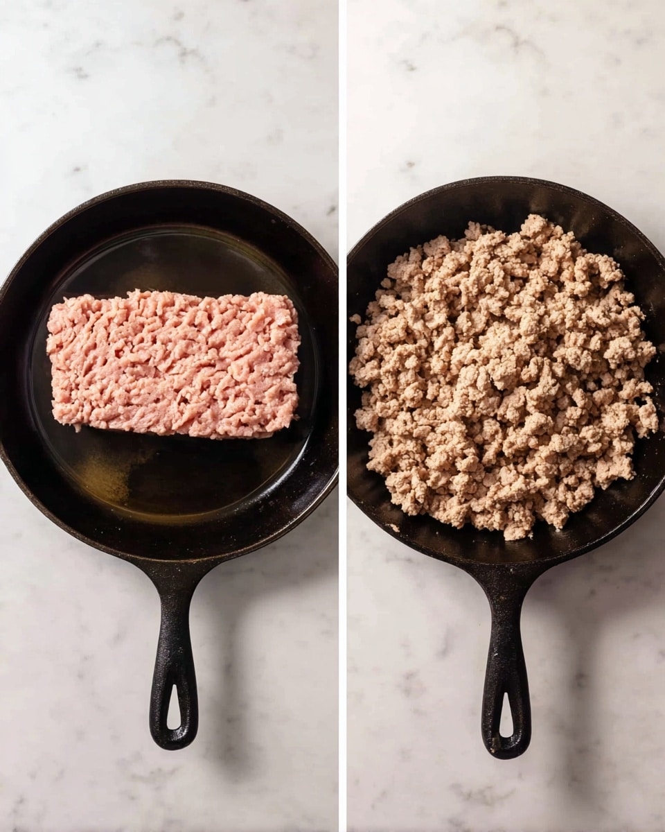 Two images side by side show a black cast iron pan on a white marbled surface. The left image shows a raw block of light pink ground meat placed inside the pan next to a pool of dark cooking oil. The right image shows the same pan with the ground meat cooked and broken into small crumbly pieces with a light brown color, filling the pan evenly. Photo taken with an iphone --ar 4:5 --v 7