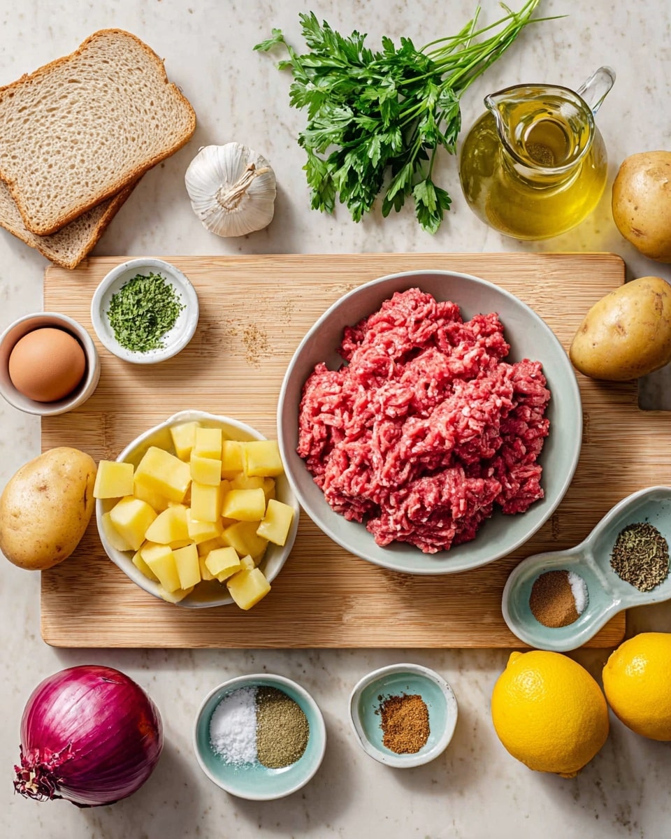 The image shows a white bowl filled with bright red minced meat placed on a light wooden cutting board. To the right of the bowl, there are three yellow potatoes, with some chopped into small cubes. Around the bowl and potatoes, there are various small white bowls and dishes containing different spices in green, brown, and beige colors, along with salt and pepper. There is a single brown egg near a slice of light beige bread on the left side of the cutting board. In the upper right corner of the board are two garlic cloves and fresh green parsley. To the right of the cutting board, on a white marbled surface, there are a small clear glass jug filled with olive oil, a whole lemon, a half lemon, a whole red onion, and a whole yellow onion. The photo taken with an iphone --ar 4:5 --v 7