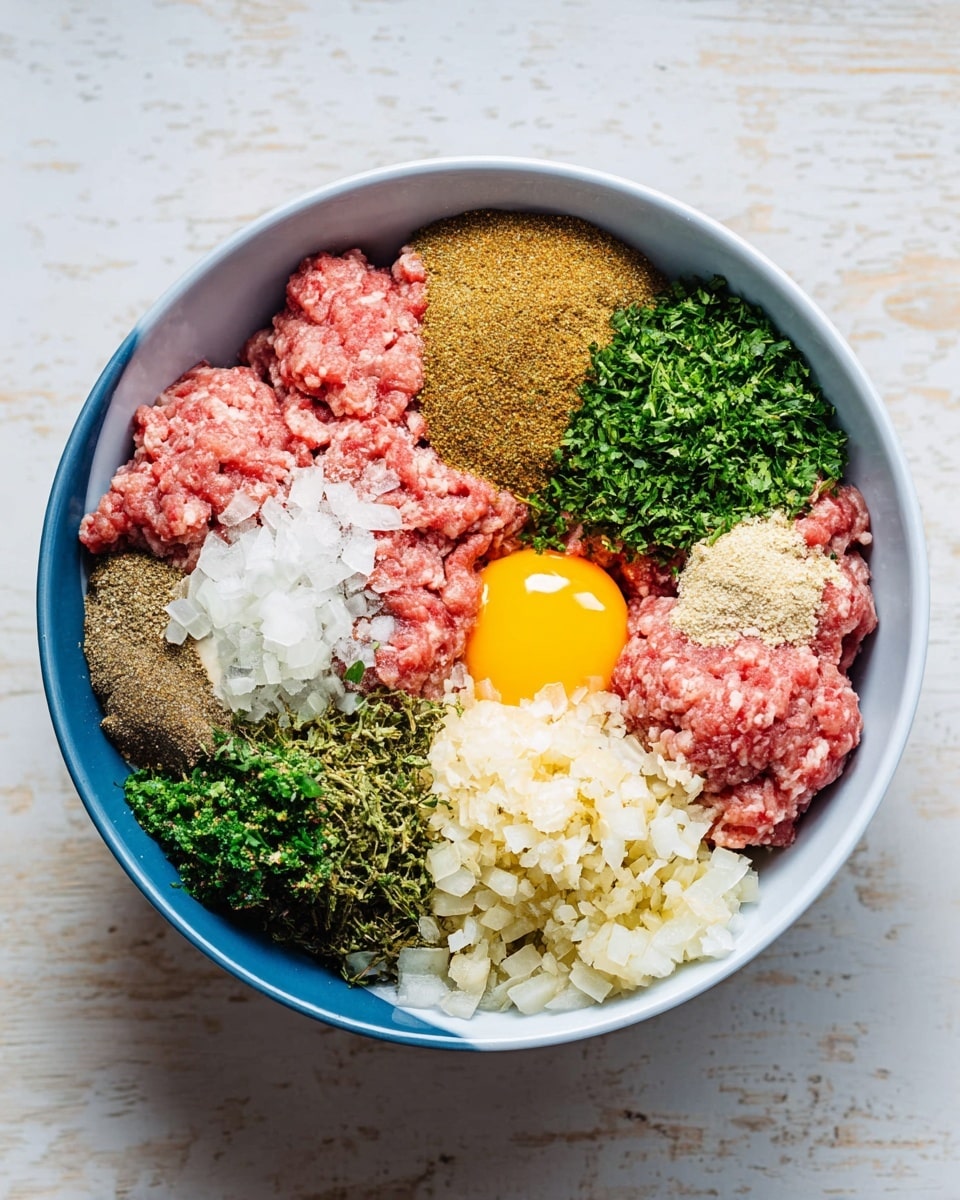 A white bowl holds multiple layers of ingredients arranged clearly side by side. There are three piles of raw pink ground meat spaced out in the bowl, surrounded by small heaps of light brown and green spices. Near the top right, bright green chopped herbs are placed next to a shiny raw egg yolk. To the right center, there is a layer of finely chopped white onion, with small mounds of minced garlic and grated white vegetables near the bottom. The whole bowl sits on a white marbled surface with soft natural light. Photo taken with an iphone --ar 4:5 --v 7