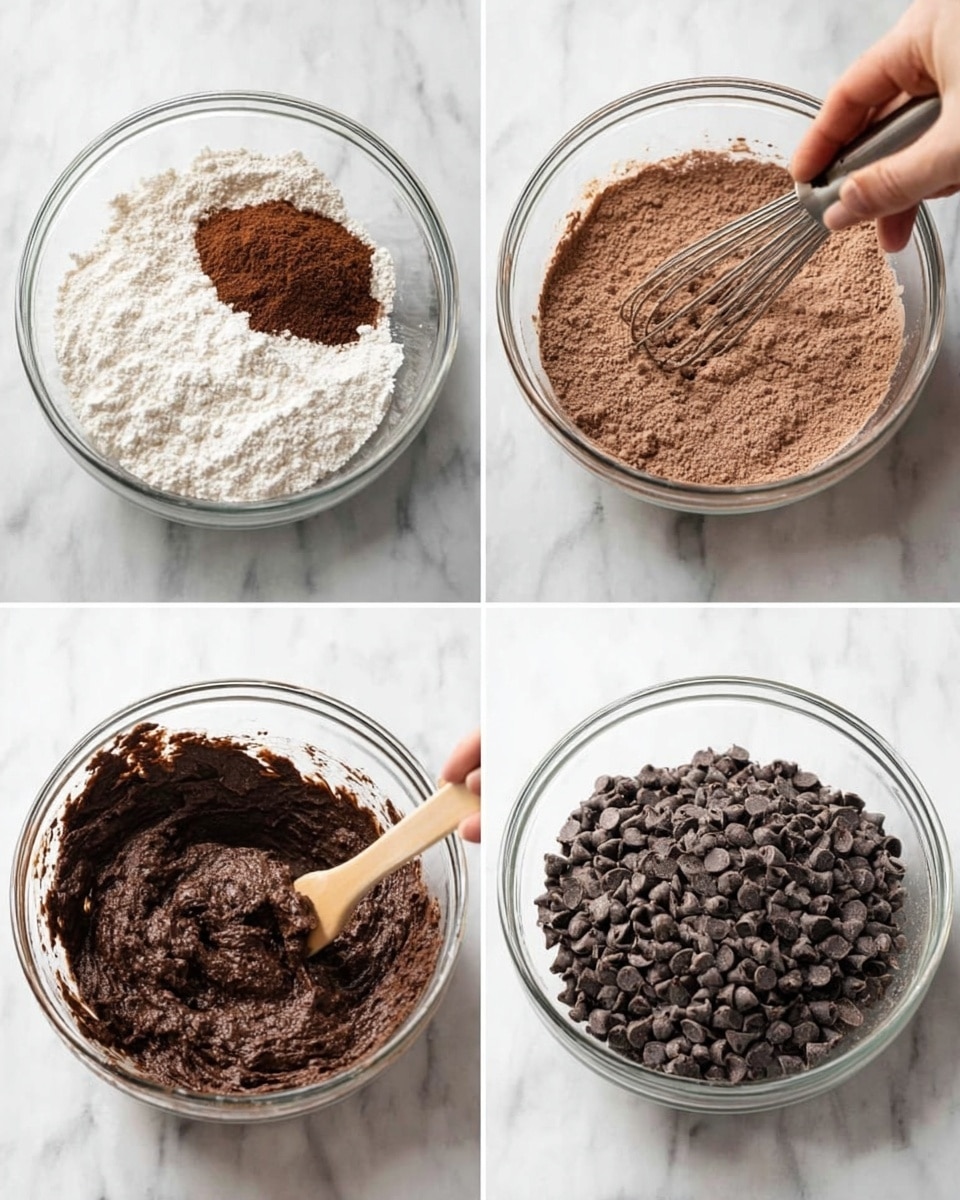 The image shows four steps of making chocolate batter in a clear glass bowl on a white marbled surface. In the first layer (top left), there are white flour and a smaller pile of brown cocoa powder placed side by side in the bowl. The second layer (top right) shows the dry ingredients being mixed into a fine, even light brown powder with a whisk held by a woman's hand. The third layer (bottom left) displays a thick, dark chocolate batter with a slightly rough texture being stirred with a wooden spatula. The fourth layer (bottom right) features a similar thick chocolate batter with a large pile of dark chocolate chips on top, ready to be mixed in. Photo taken with an iphone --ar 4:5 --v 7